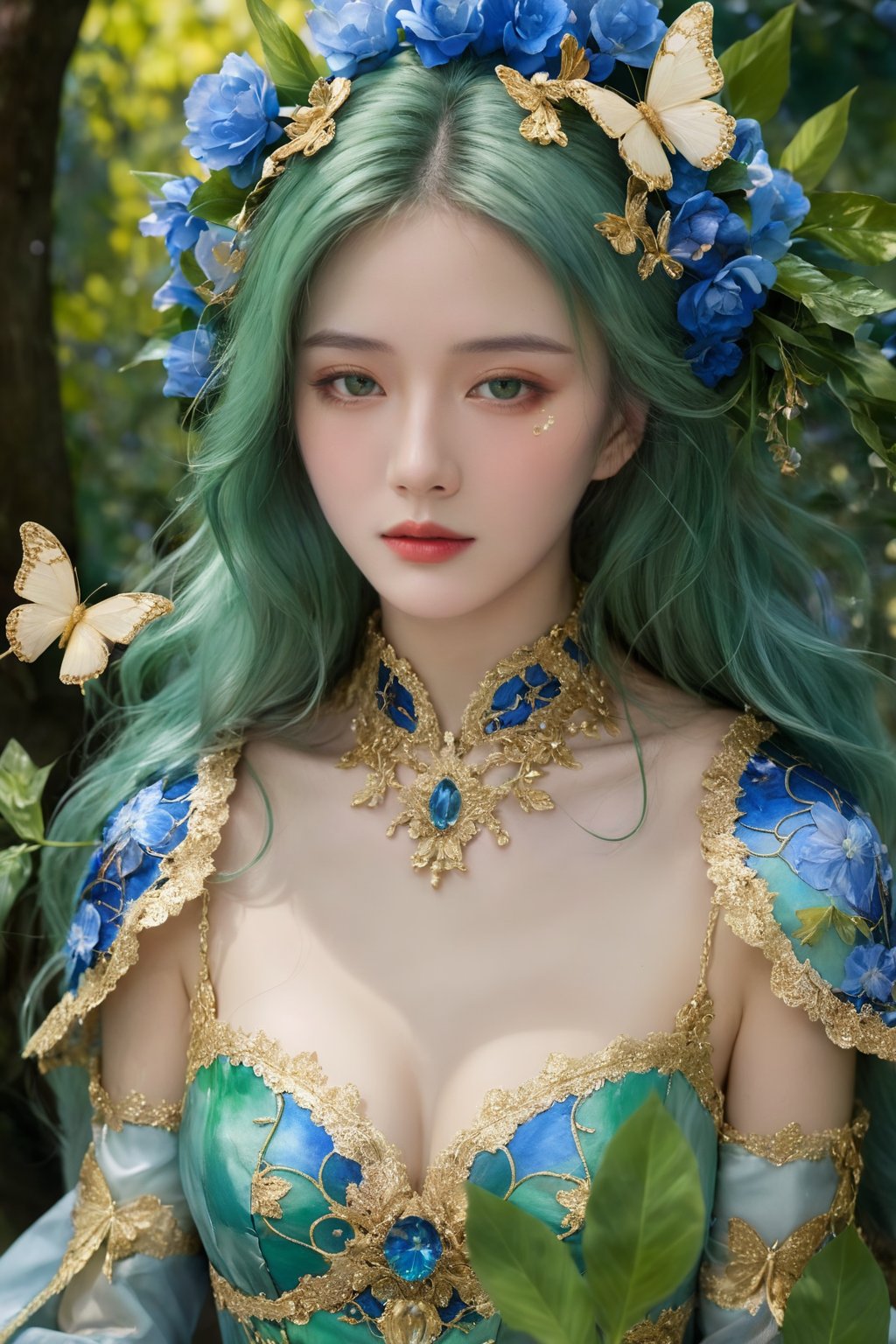 splash art, digital painting, alcohol ink painting, luminism, golden lines, BjD doll face, porcelain skin, baroque, long swirling green hair, lavish green leaves, falling blue flowers, celestial lighting, butterflies, tree branches, sky, golden glowing, water drops,

best quality, masterpiece, high res, absurd res,
perfect lighting, vibrant colors, intricate details,
high detailed skin, pale skin,
,HUBGGIRL, HUBG_Mecha_Armor,hubg_mecha_girl,hubggirl