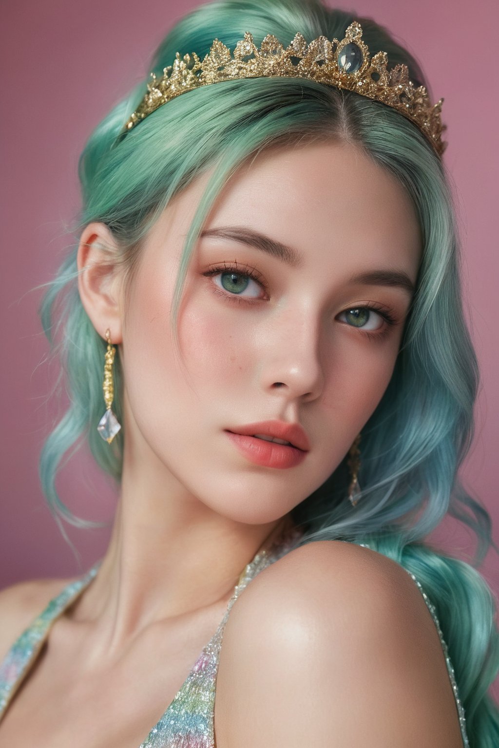 (ultra realistic,best quality),photorealistic,Extremely Realistic, in depth, cinematic light,hubggirl,

(masterpiece, best quality), High detailed, picture perfect face, blush, freckles, beautiful face, supermodel, colorful, (light green hair,multicolored hair), long hair,braids, side bun, golden tiara,perfectly textured skin,blue eyes,iridescent eyes, (perfect female body), (thic lips, broad lips), alluring, charming, beautiful, cute, tomboy, lipgloss, makeup,gold and gem earrings,Black top,thin fabric,