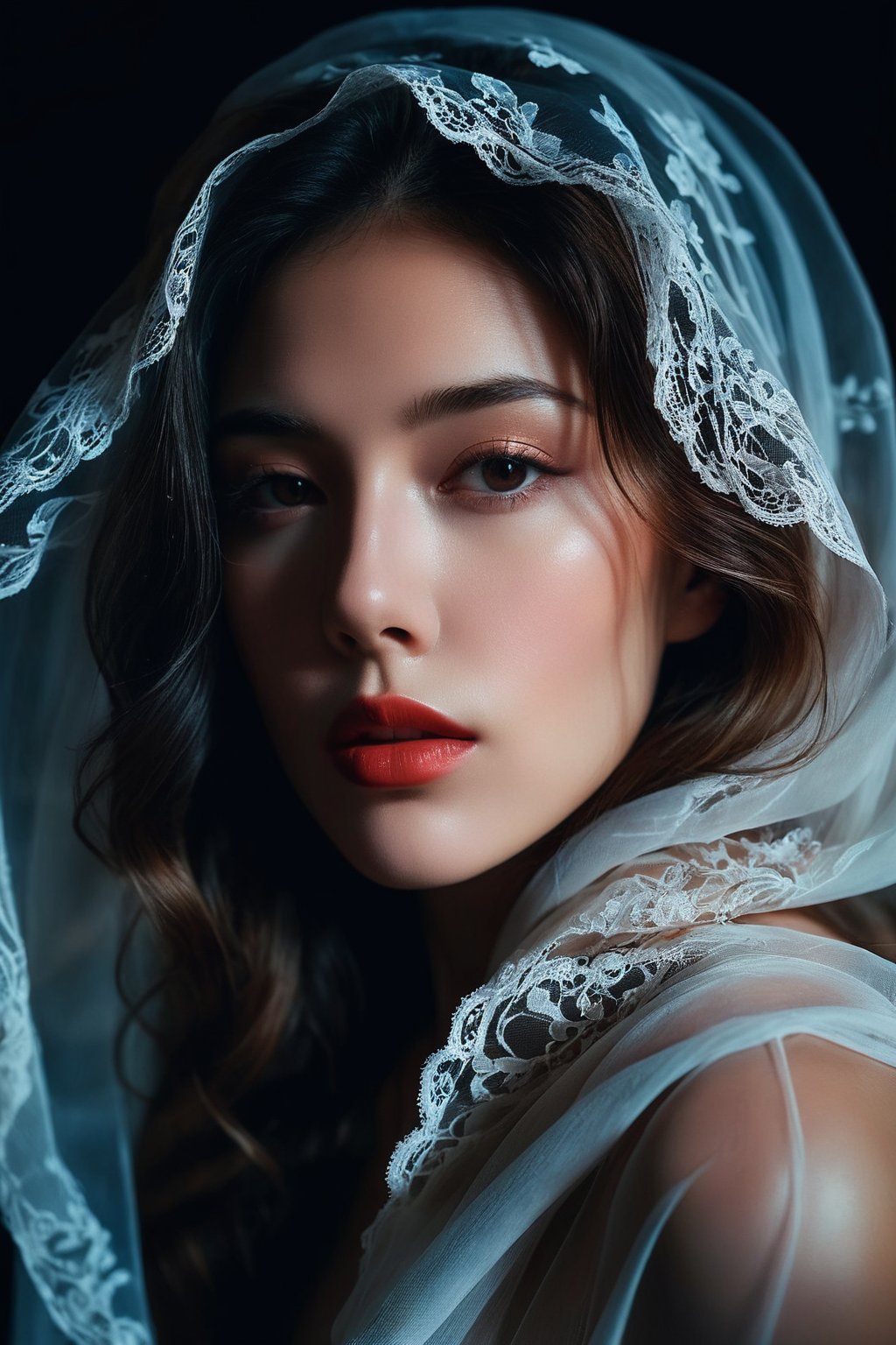 (ultra realistic,best quality),photorealistic,Extremely Realistic, in depth, cinematic light,hubggirl,

1girl, splash detailed, surreal dramatic lighting shadow (lofi, analog), kodak film by Brandon Woelfel Ryan McGinley, moment eyes, beautiful face, 
Minimalistic black background with a woman's face partially obscured in the style of flowing fabric, creating an enigmatic and mysterious atmosphere. The dark tones accentuate the dramatic effect of her lips and hair against the stark contrast between lightness and darkness in the composition. This design is perfect for conveying a sense of mystery or depth. The ultra realistic photography style accentuates the dramatic effectThis stunning image is rendered in insanely high resolution, 

intricate background, realism,realistic,raw,analog,portrait,photorealistic,