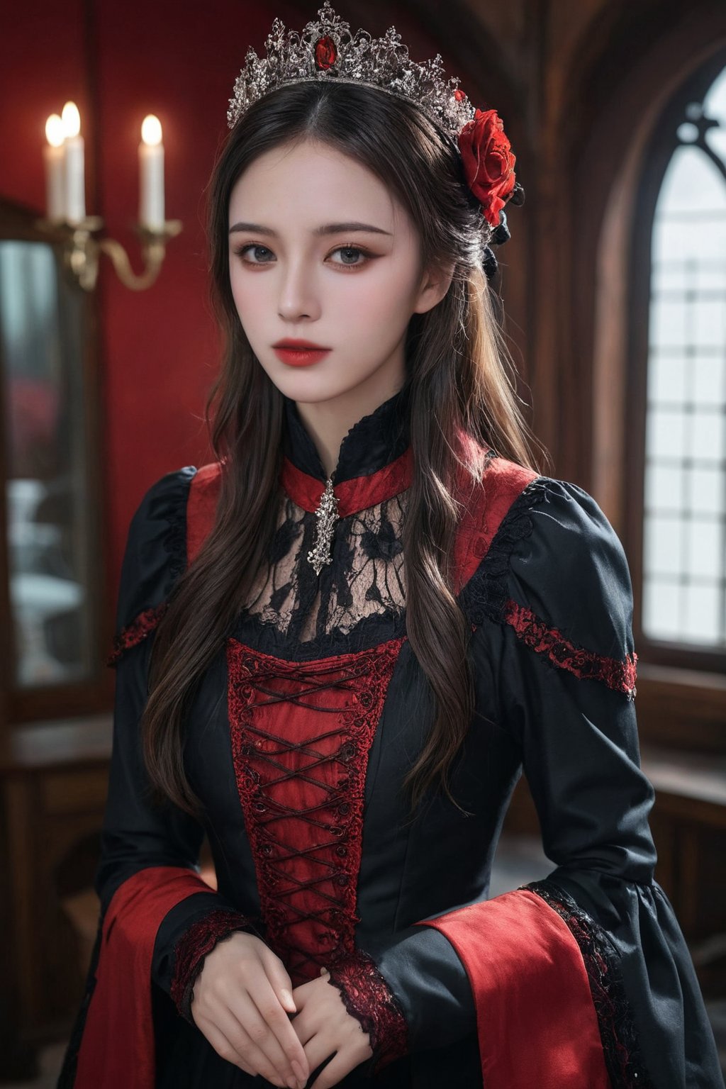 (ultra realistic,best quality),photorealistic,Extremely Realistic, in depth, cinematic light,hubggirl,

1girl, professional photoshot, red and black gothic clothing, beautiful model, very detailed brown hair, incredibly detailed red eyes, elegant and aesthetic pose, very detailed outfit, 