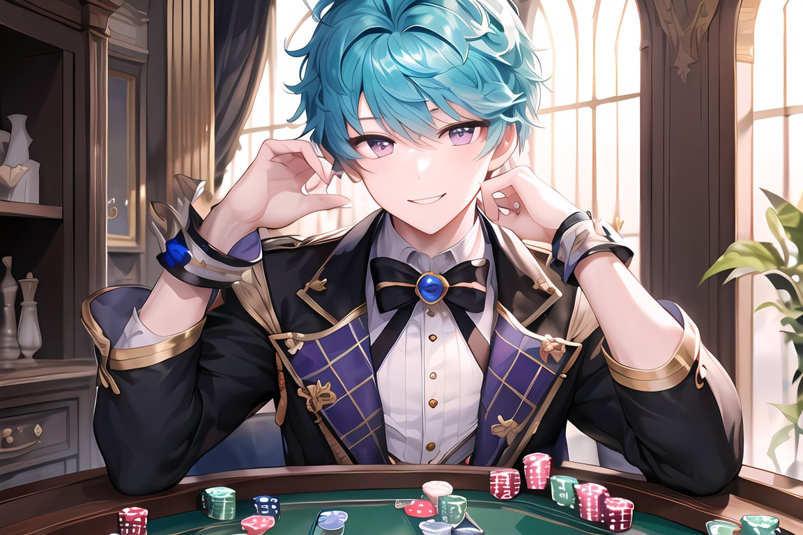 masterpiece, best quality,Looking at viewer, solo, male, upper_body, male_focus,evul smile,  
 
,esker, blue hair, purple eyes, magic, magie, (dice), (poker),