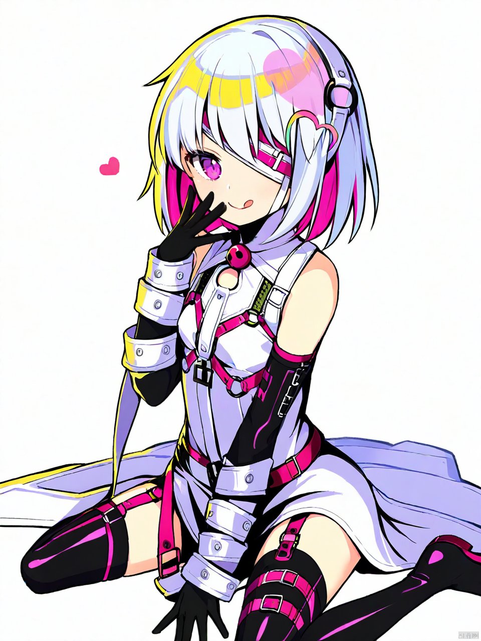 Best-A,dohna_dohna_issho_ni_warui_koto_o_shiyou,1girl, solo, looking at viewer, smile, short hair, bangs, hair ornament, thighhighs, gloves, bare shoulders, sitting, purple eyes, pink hair, white hair, heart, multicolored hair, boots, tongue, black gloves, elbow gloves, hand up, tongue out, medium hair, pink eyes, wariza, eyepatch, :q, lock, padlock, multiple straps