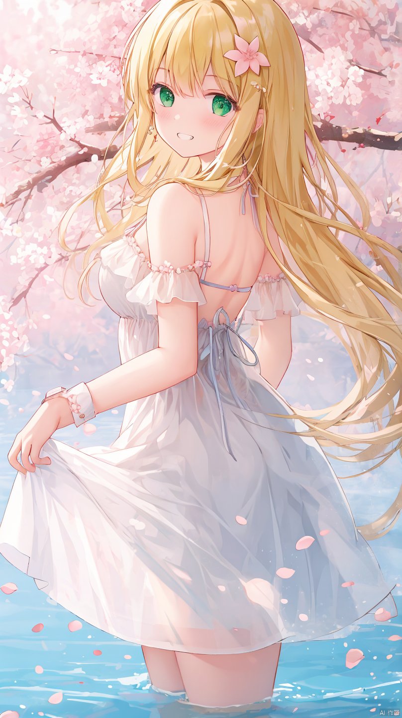  sousouman,1girl, solo, dress, long_hair, smile, hair_ornament, looking_at_viewer, blonde_hair, flower, hair_flower, skirt_hold, wading, blush, cherry_blossoms, water, white_dress, looking_back, green_eyes, bangs, bare_shoulders, standing, wrist_cuffs, grin

