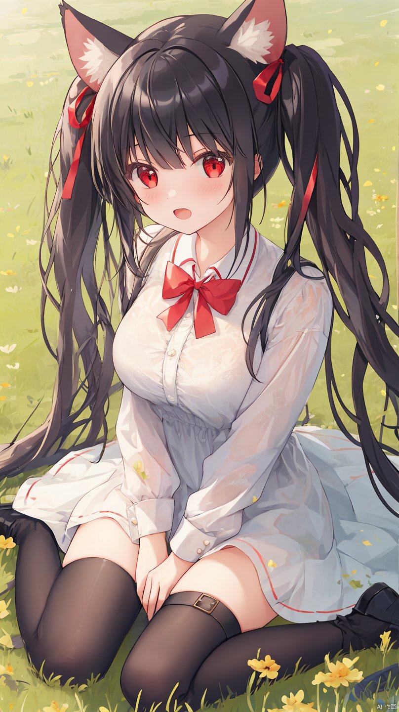  sousouman,best quality, amazing quality, very aesthetic, absurdres,1girl, animal_ears, bangs, black_hair, black_legwear, blush, bow, breasts, dress, grass, hair_ribbon, hand_up, long_hair, long_sleeves, looking_at_viewer, on_grass, on_ground, open_mouth, outdoors, plant, red_bow, red_eyes, ribbon, shirt, sitting, solo, thigh_strap, thighhighs, twintails, very_long_hair, white_shirt

