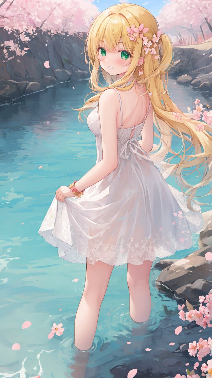  sousouman,1girl, solo, dress, long_hair, smile, hair_ornament, looking_at_viewer, blonde_hair, flower, hair_flower, skirt_hold, wading, blush, cherry_blossoms, water, white_dress, looking_back, green_eyes, bangs, bare_shoulders, standing, wrist_cuffs, grin
