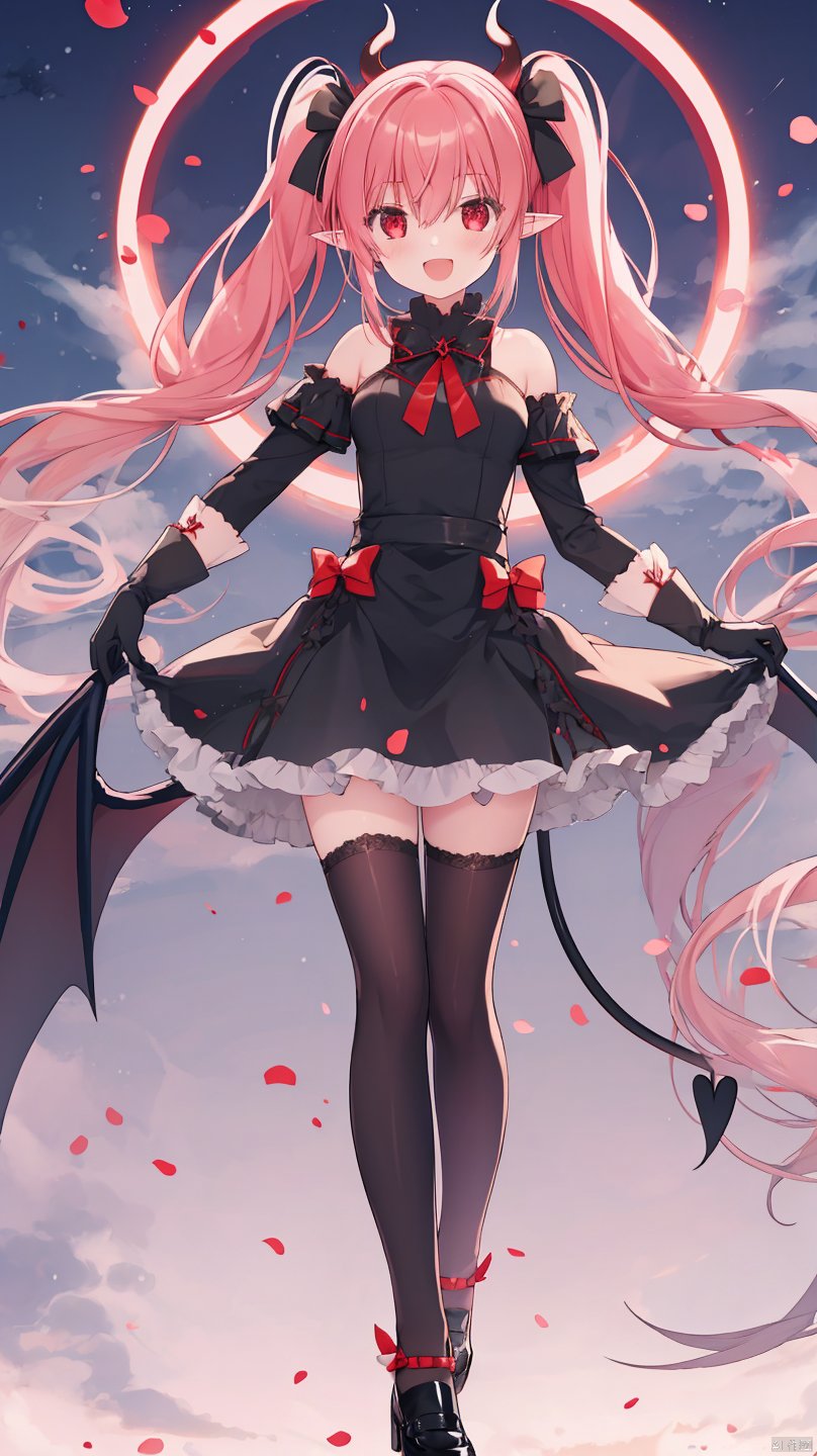  sousouman,1girl, solo, red_eyes, gloves, pointy_ears, demon_girl, demon_tail, head_wings, wings, black_gloves, looking_at_viewer, drill_hair, tail, open_mouth, thighhighs, twin_drills, smile, fang, moon, crossed_bangs, :d, ribbon, elbow_gloves, bangs, single_thighhigh, breasts, red_moon, long_hair, full_moon, bow, bare_shoulders, tattoo, hair_between_eyes, red_ribbon, twintails, black_thighhighs, small_breasts, hands_on_own_face, petals, hair_bow, demon_wings, red_bow, black_footwear, full_body

