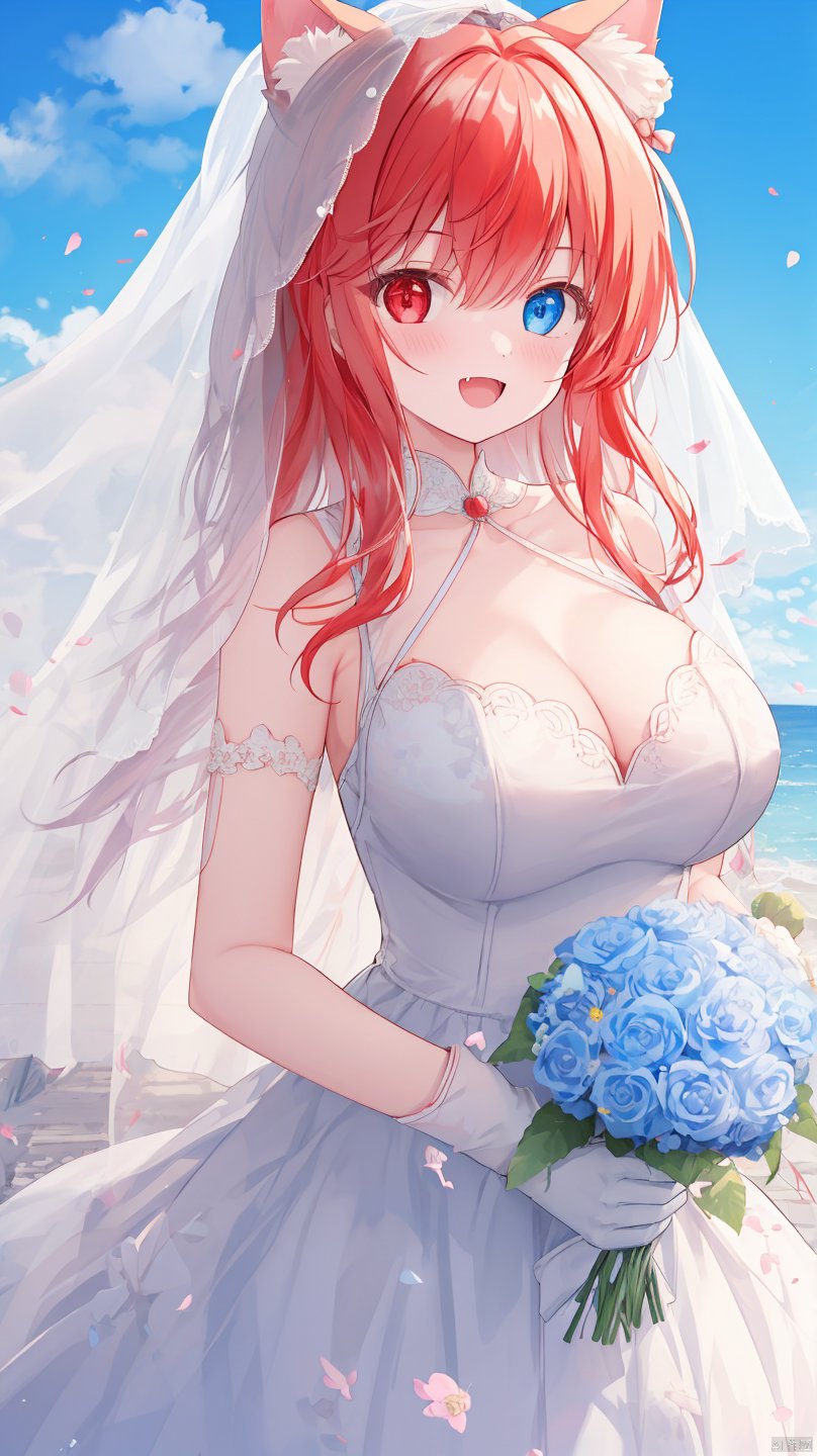  sousouman,1girl, flower, dress, animal_ears, rose, bouquet, red_eyes, solo, white_hair, gloves, breasts, white_dress, blue_flower, white_gloves, bow, looking_at_viewer, blue_eyes, sky, heterochromia, holding, cloud, smile, streaked_hair, long_hair, holding_bouquet, blue_bow, red_flower, cat_ears, multicolored_hair, day, fang, open_mouth, wedding_dress, animal_ear_fluff, bare_shoulders, sleeveless_dress, :d, red_hair, veil, skin_fang, blue_rose, blue_sky, outdoors, hair_bow, bangs, white_flower, frills, clothing_cutout, sleeveless, large_breasts, very_long_hair, red_rose, medium_breasts, cleavage

