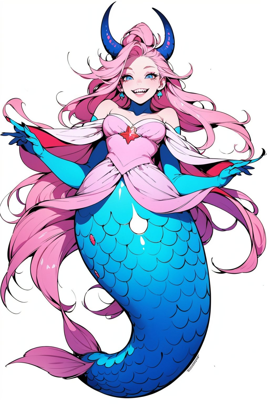 1girl, solo, long hair, smile, blue eyes, simple background, white background, dress, very long hair, pink hair, multicolored hair, horns, teeth, hair over one eye, grin, colored skin, sharp teeth, monster girl, single horn, colored sclera, mermaid