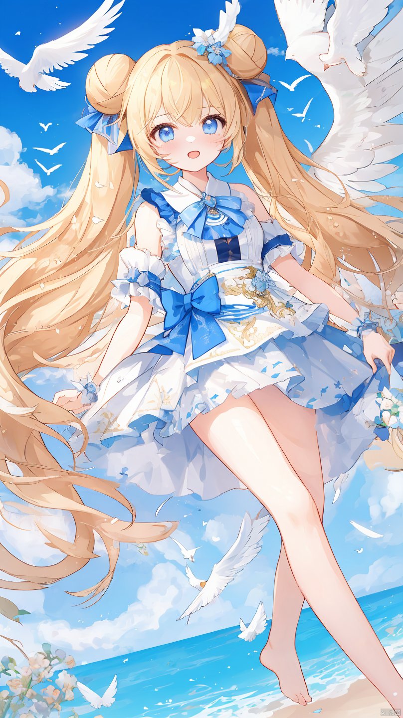  apple_caramel,artist:tianliang duohe fangdongye,1girl, angel_wings, bare_legs, bare_shoulders, barefoot, bird, blonde_hair, blue_eyes, blue_sky, breasts, clock, cloud, day, double_bun, dove, holding, long_hair, looking_at_viewer, magic_circle, outdoors, seagull, sky, solo, twintails, white_dress, white_feathers, wings

