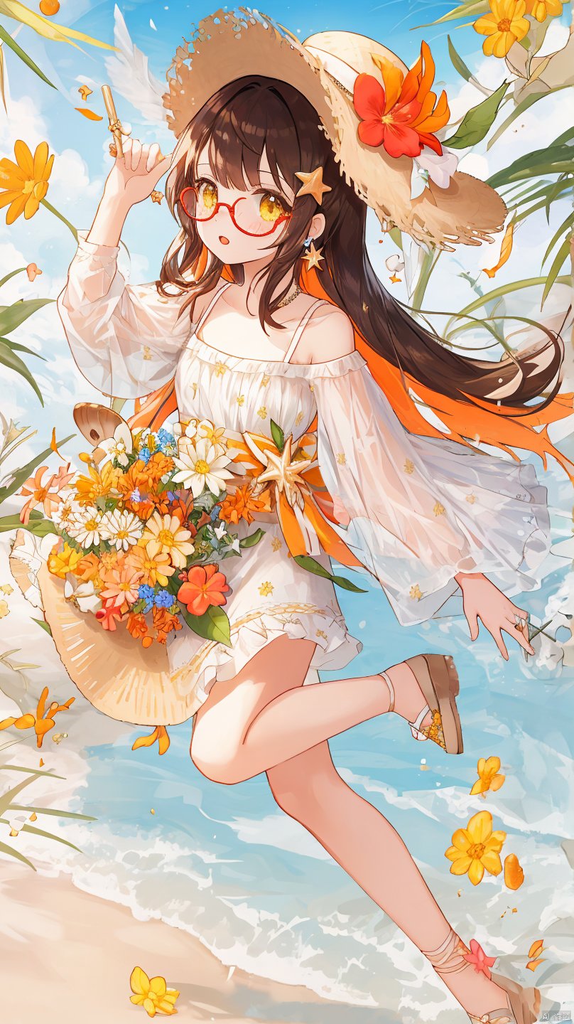  apple_caramel,（absurdres, highres, ultra detailed, 1girl, solo, extremely detailed eyes, starfish, seashell, shell, flower, hat, hair ornament, jewelry, straw hat, looking at viewer, sunglasses, hat flower, drinking straw, hairclip, earrings, red flower, tinted eyewear, yellow flower, bangs, english text, multicolored hair, orange flower, black hair, ring, cup, long hair, orange-tinted eyewear, food, brown hair, portrait, shell hair ornament）,full body., ((poakl)), poakl ggll girl, Light master


