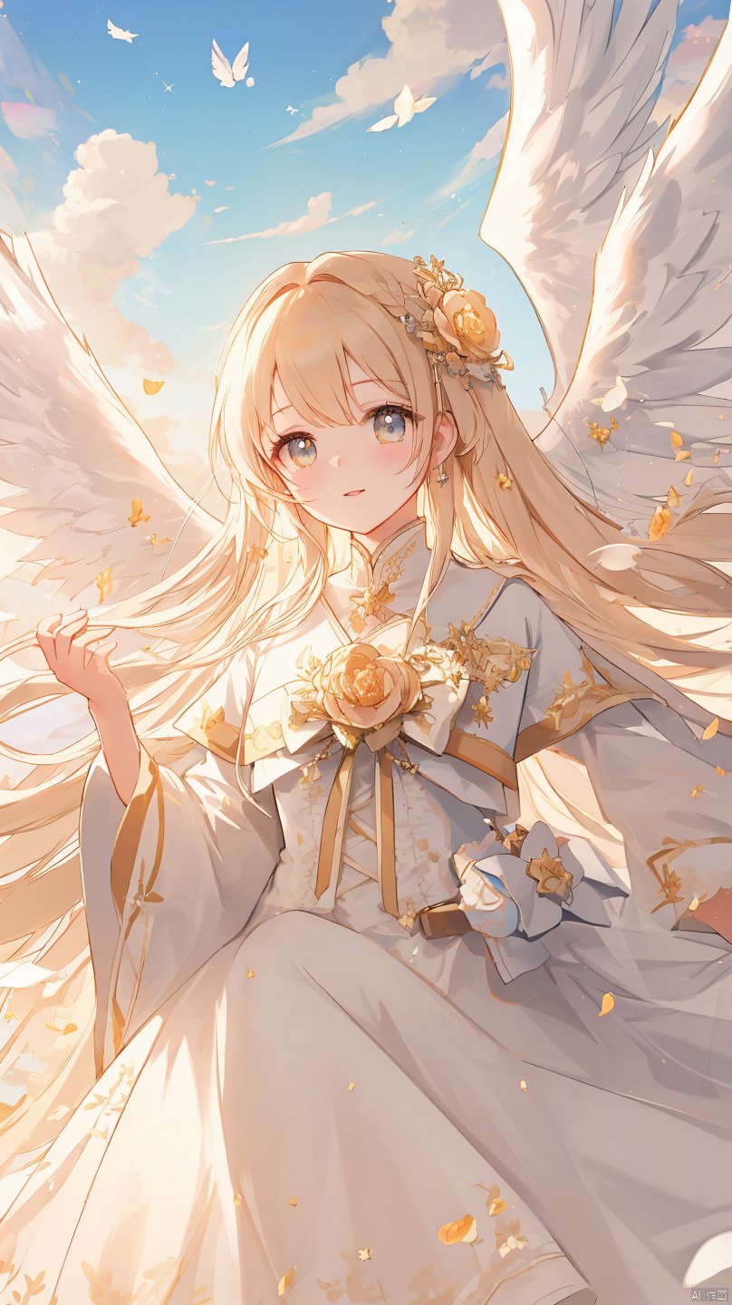  apple_caramel,An angel with white wings spreading wide, her gaze filled with love and compassion. Her hair is golden, dressed in a white gauzy dress, appearing exceptionally holy under the sunlight. The surrounding environment is peaceful, with light clouds floating around. High-definition picture of an angel with open wings, divine aura, golden hair, white dress, serene cloudy background, majestic oil painting by celestial artists, trending on ArtStation, vibrant, sharp focus, photorealistic painting art by hi-res masters.




