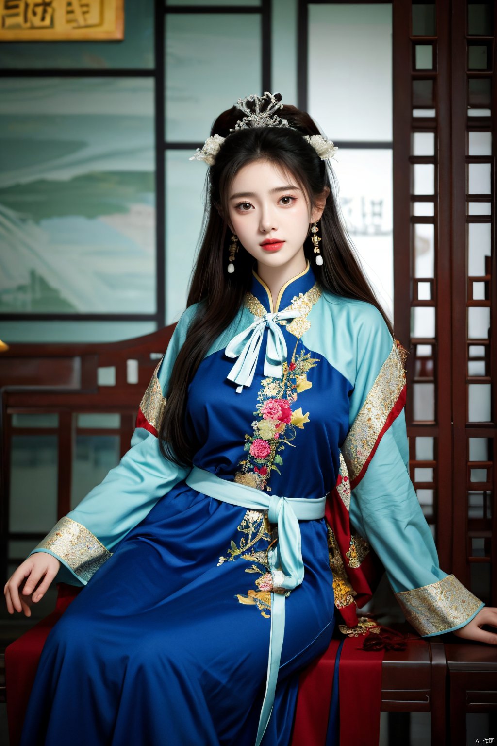  (masterpiece, top quality, best quality, official art, beautiful and aesthetic:1.2),gf-hd, 1girl, solo, hair ornament, jewelry,hanfu dress, long dress, earrings, chinese clothes, brown hair, ribbon, hanfu, red ribbon, shawl,(big breasts:1.59), ,(full breasts:1.39),monkren,qipao_hanfu, Light master