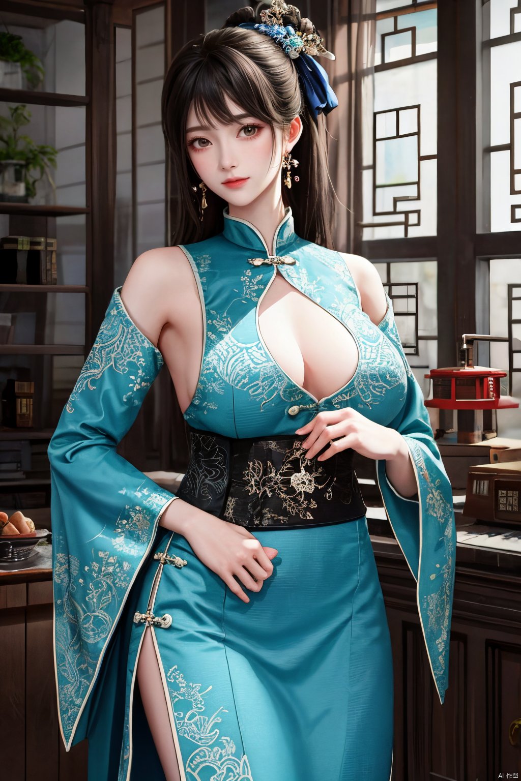  (masterpiece, top quality, best quality, official art, beautiful and aesthetic:1.2),gf-hd, 1girl, solo, hair ornament, jewelry,hanfu dress, long dress, earrings, chinese clothes, brown hair, ribbon, hanfu, red ribbon, shawl,(big breasts:1.59), ,(full breasts:1.39),monkren,qipao_hanfu, Light master