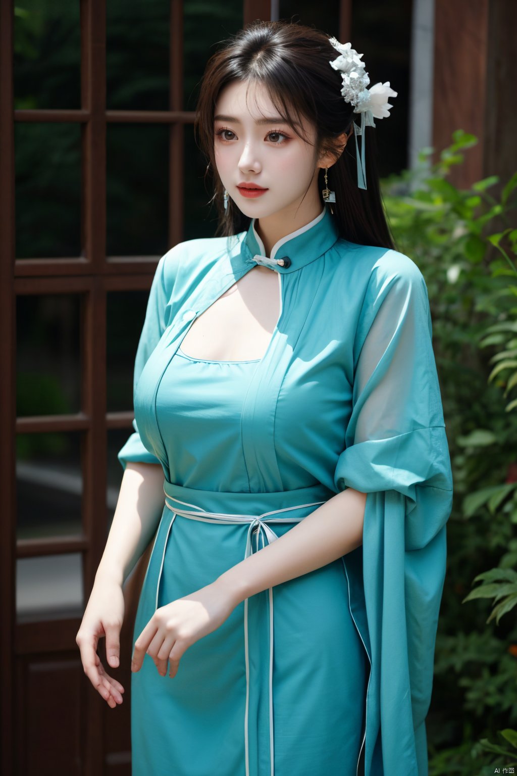  (masterpiece, top quality, best quality, official art, beautiful and aesthetic:1.2),gf-hd, 1girl, solo, hair ornament, jewelry,hanfu dress, long dress, earrings, chinese clothes, brown hair, ribbon, hanfu, red ribbon, shawl,(big breasts:1.59), ,(full breasts:1.39),monkren,qipao_hanfu, Light master