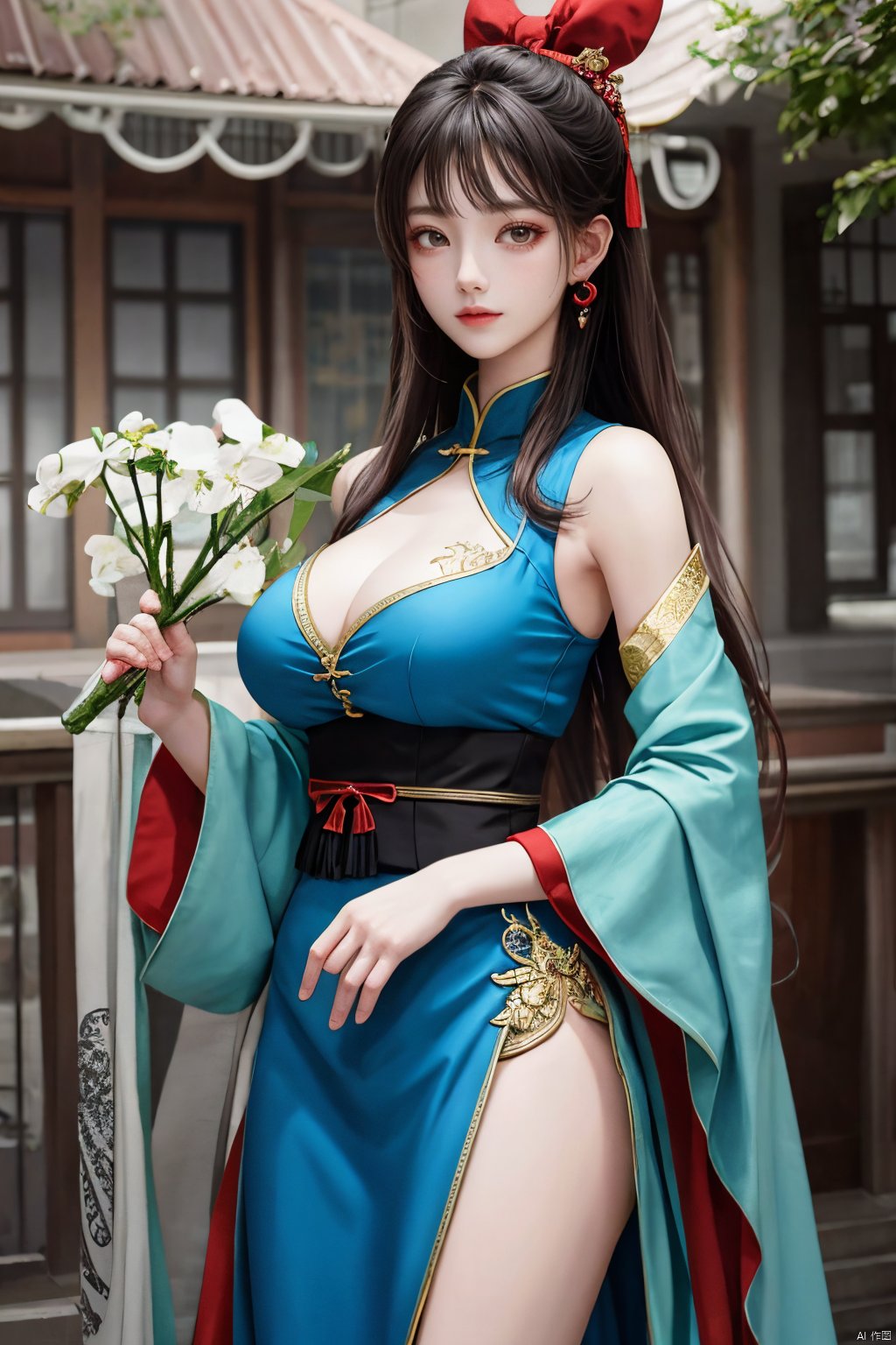  (masterpiece, top quality, best quality, official art, beautiful and aesthetic:1.2),gf-hd, 1girl, solo, hair ornament, jewelry,hanfu dress, long dress, earrings, chinese clothes, brown hair, ribbon, hanfu, red ribbon, shawl,(big breasts:1.59), ,(full breasts:1.39),monkren,qipao_hanfu, Light master