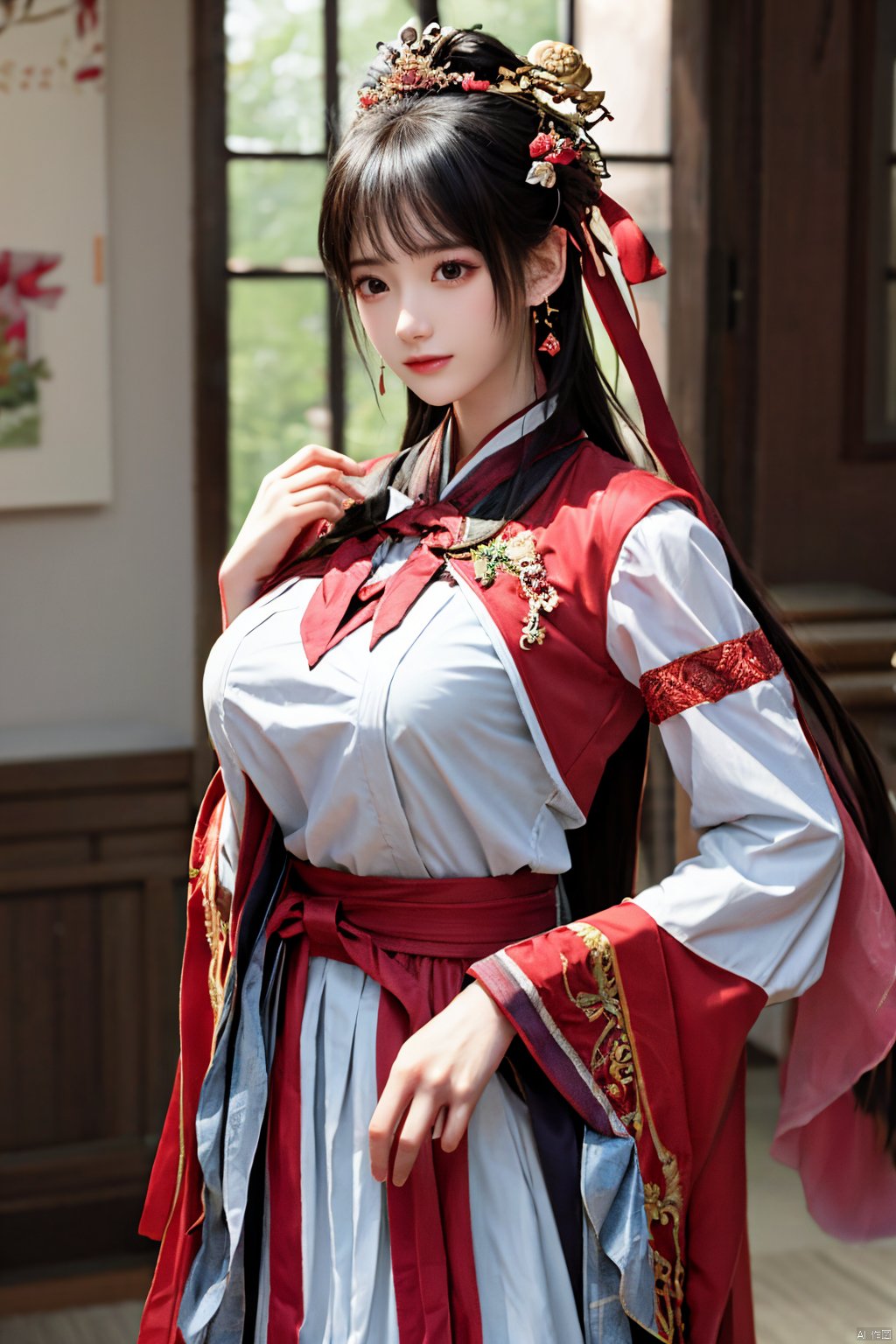  (masterpiece, top quality, best quality, official art, beautiful and aesthetic:1.2),gf-hd, 1girl, solo, hair ornament, jewelry,hanfu dress, long dress, earrings, chinese clothes, brown hair, ribbon, hanfu, red ribbon, shawl,(big breasts:1.59), ,(full breasts:1.39),monkren,qipao_hanfu, Light master