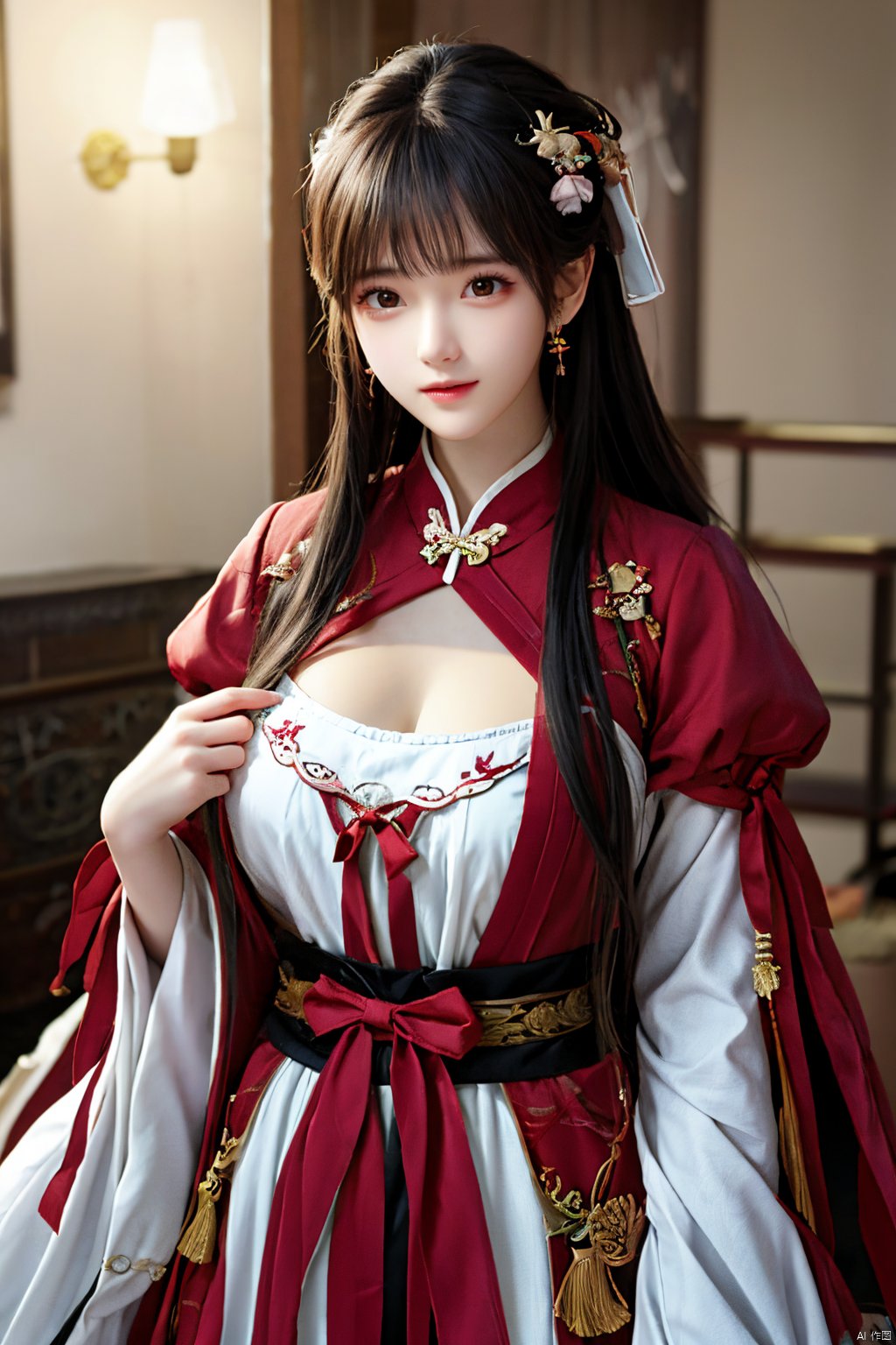  (masterpiece, top quality, best quality, official art, beautiful and aesthetic:1.2),gf-hd, 1girl, solo, hair ornament, jewelry,hanfu dress, long dress, earrings, chinese clothes, brown hair, ribbon, hanfu, red ribbon, shawl,(big breasts:1.59), ,(full breasts:1.39),monkren,qipao_hanfu, Light master