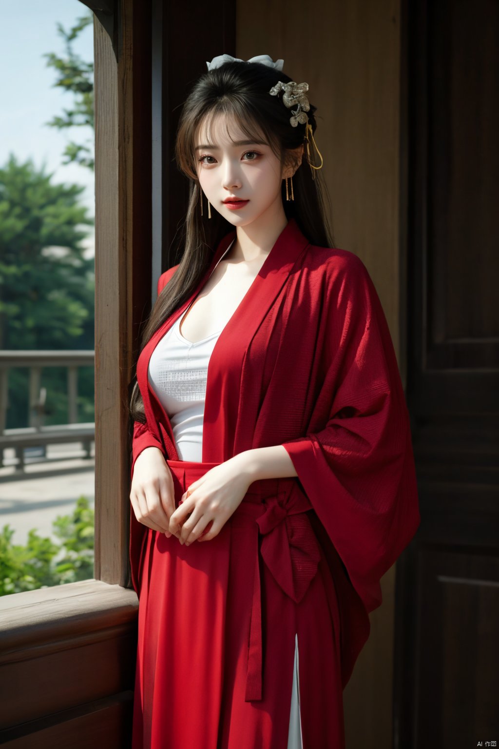  (masterpiece, top quality, best quality, official art, beautiful and aesthetic:1.2),gf-hd, 1girl, solo, hair ornament, jewelry,hanfu dress, long dress, earrings, chinese clothes, brown hair, ribbon, hanfu, red ribbon, shawl,(big breasts:1.59), ,(full breasts:1.39),monkren,qipao_hanfu, Light master