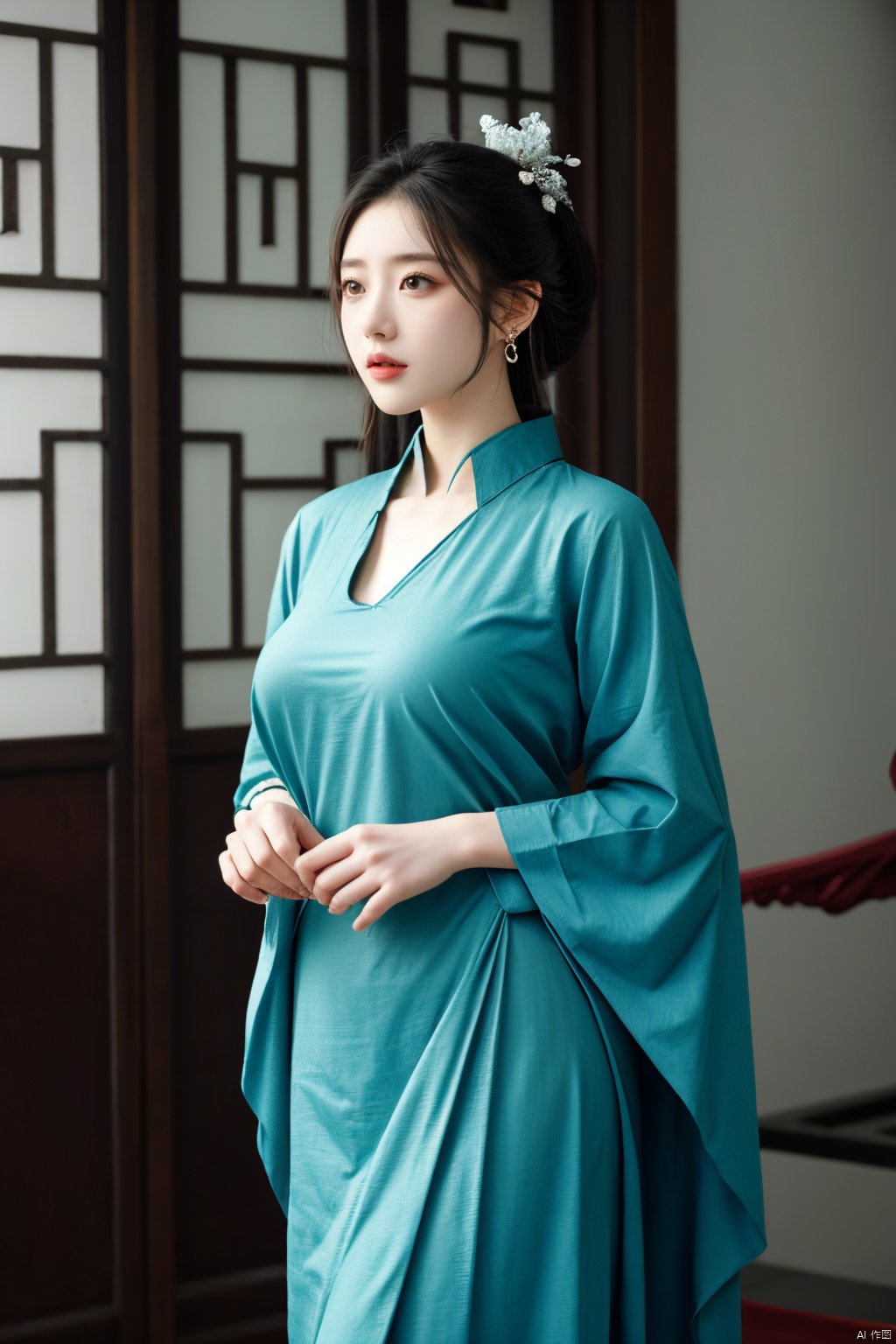  (masterpiece, top quality, best quality, official art, beautiful and aesthetic:1.2),gf-hd, 1girl, solo, hair ornament, jewelry,hanfu dress, long dress, earrings, chinese clothes, brown hair, ribbon, hanfu, red ribbon, shawl,(big breasts:1.59), ,(full breasts:1.39),monkren,qipao_hanfu, Light master