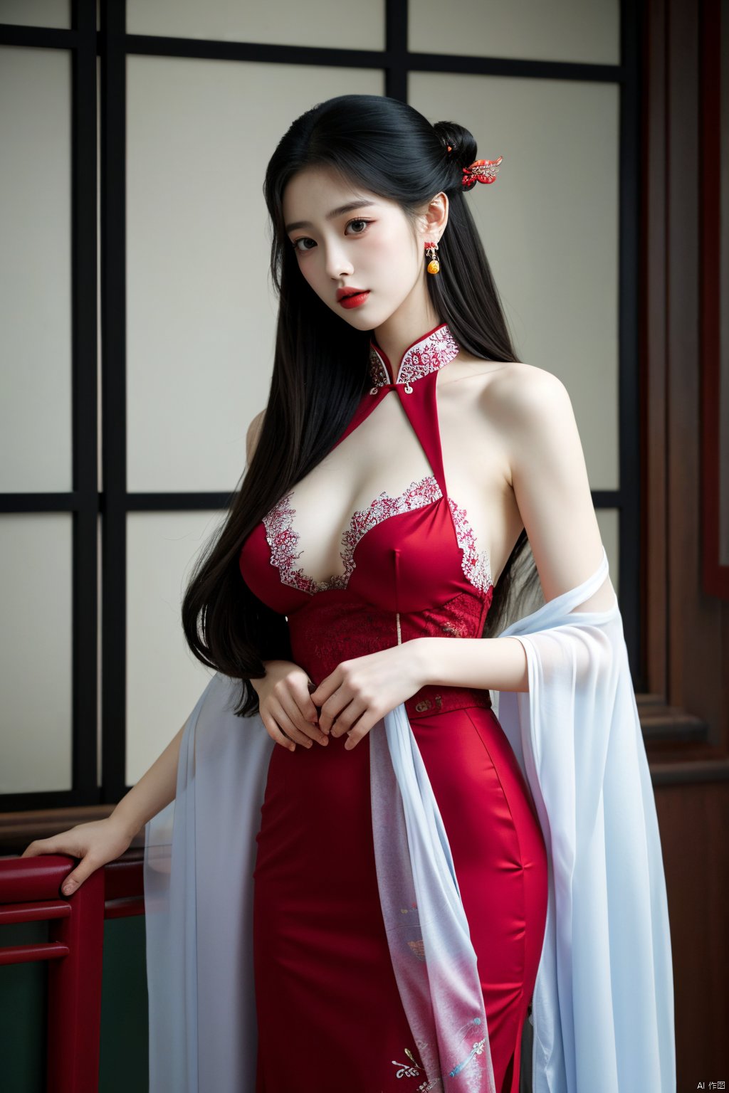  (masterpiece, top quality, best quality, official art, beautiful and aesthetic:1.2),gf-hd, 1girl, solo, hair ornament, jewelry,hanfu dress, red dress, earrings, chinese clothes, brown hair, ribbon, hanfu, red ribbon, shawl, song_hanfu,(big breasts:1.59), ,(full breasts:1.39),monkren, tang_hanfu, weijin_hanfu, qipao_hanfu