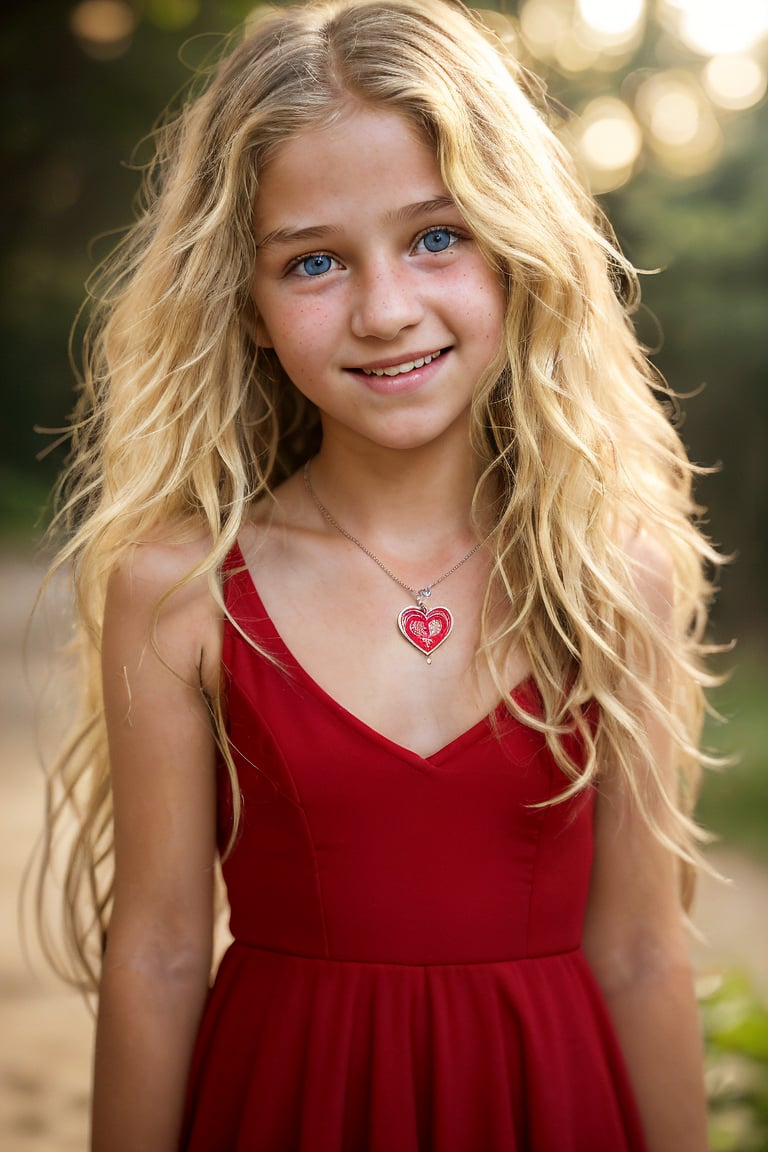 am3r1can girl, 13 year old, long wavy blond hair, striking eyes, wide smile, face focus, upper body, wearing sleeveless low cut red dress, heart necklace, shallow depth of field, natural lighting, intricate details, bokeh