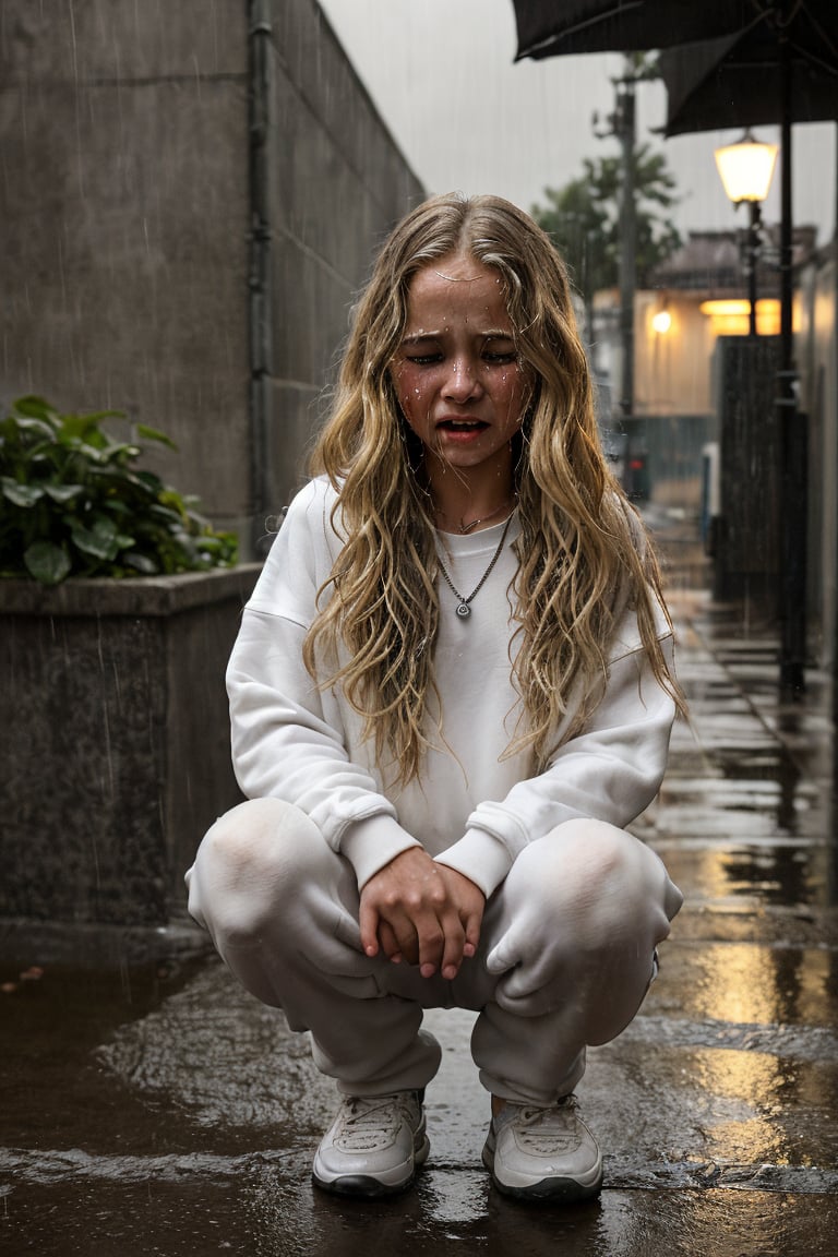 outdoors, evening, dark clouds, heavy rain, alley, am3r1can girl, 13 year old, long wavy blond hair, crying, wearing white sweatshirt and sweatpants, heart necklace, crouching, upper body, back against wall, water flowing, raindrops, natural lighting, intricate details, bokeh