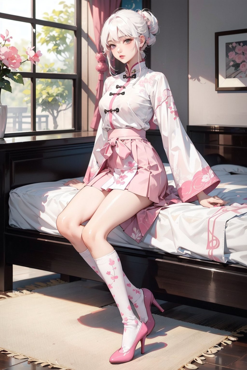  Chinese style, white hair, Chinese clothing, Tang style Hanfu, Hanfu, ((((pink and white skirt)), embroidery, over-the-knee socks, high heels, interior, bed