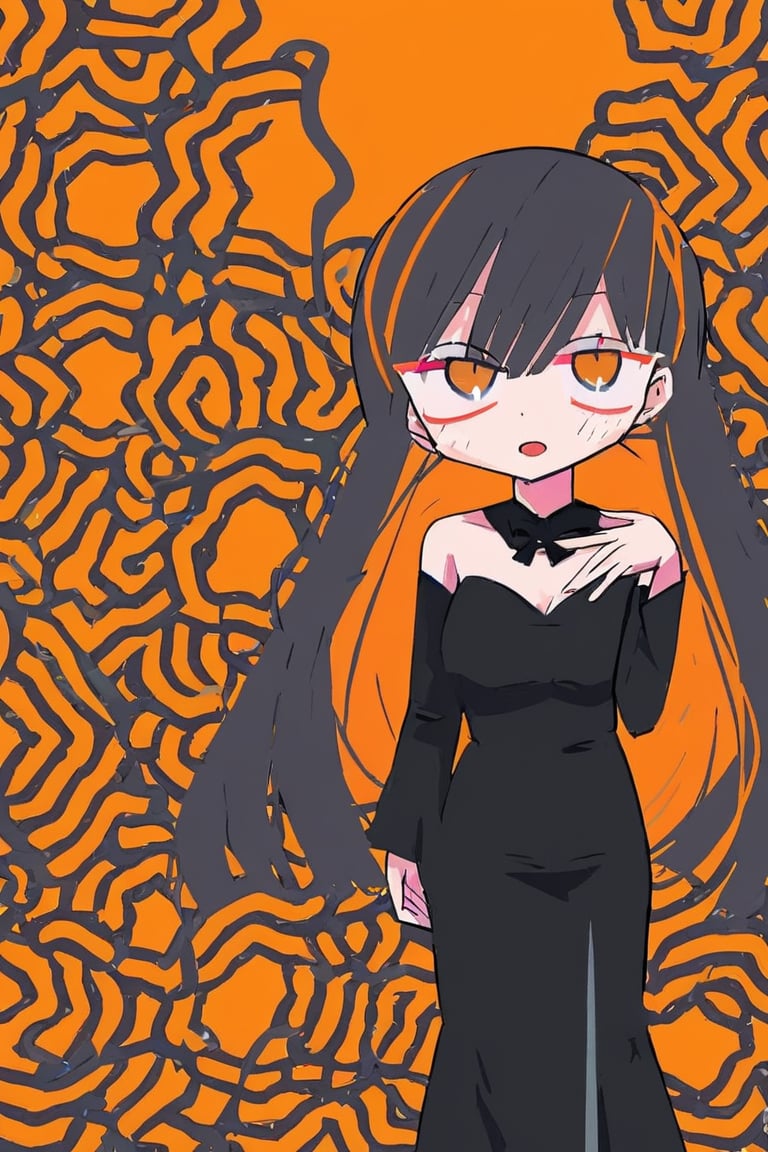 1girl,hair with bangs,black long dress,orange background,,mkup, txznmk,