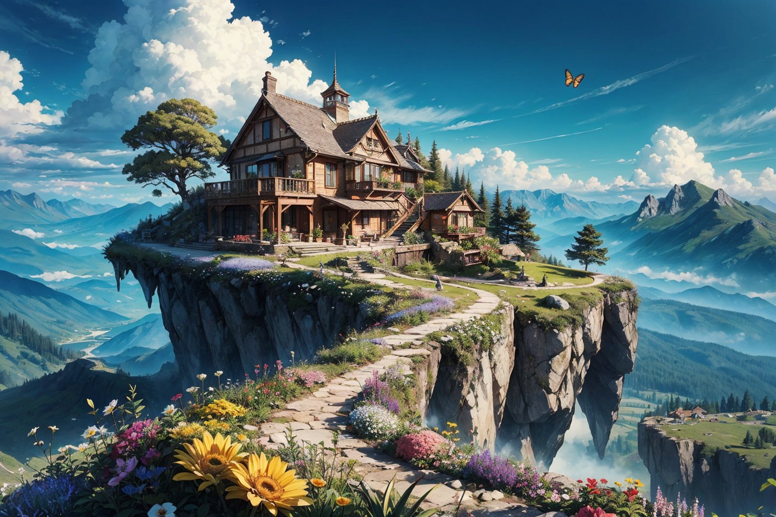 a villa on a high mountain cliff,shell element,crazy curve,((the verdant mountains)),((fresh flower)),butterfly fluttering,blue sky,white cloud,the sun is shining brightly