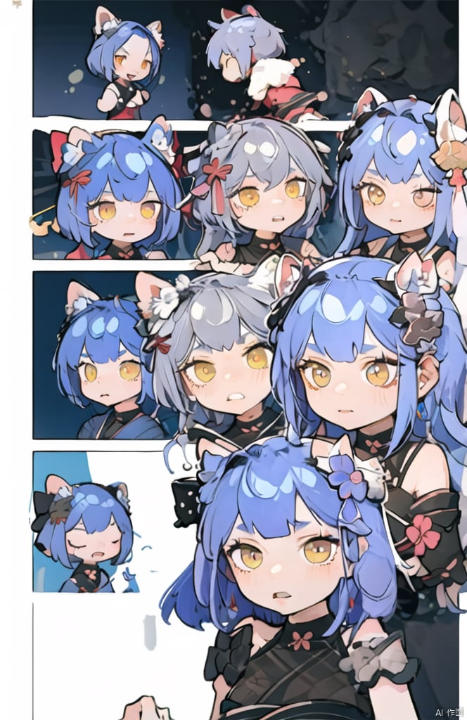  1 girl, omedoll,multicolored clothes, multiple views, comic,chibi,(multicolored hair:1.2),1girl, solo, long hair, looking at viewer, smile, bangs, simple background, hair ornament, long sleeves, bow, bare shoulders, very long hair, closed mouth, blue hair, standing, full body, yellow eyes, pantyhose, japanese clothes, virtual youtuber, wide sleeves, kimono, grey background, mask, mask on head, black kimono, fox mask,azusa