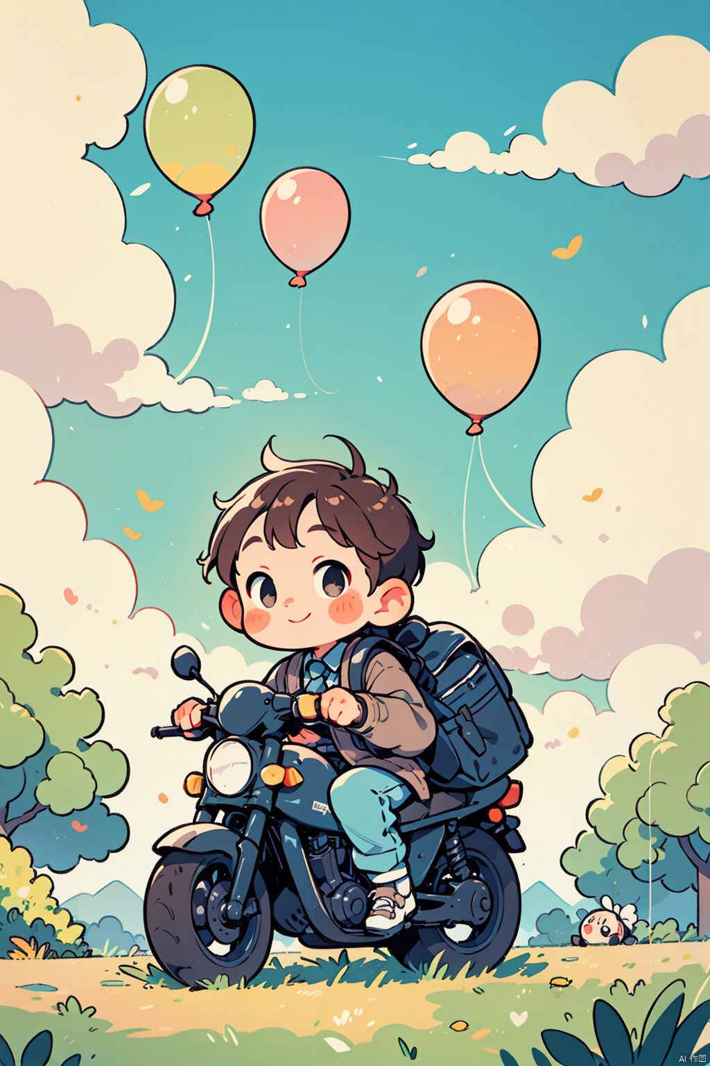  1boy,Riding a motorcycle,male focus, solo, necktie, male child, bag, smile, full body, brown hair, backpack, looking at viewer, shoes, jacket, child, happy paradise\(ip\), outdoors, sky, plant, scenery, cloud, tree, grass, day, balloon, window, string of flags, house, , guzhuang