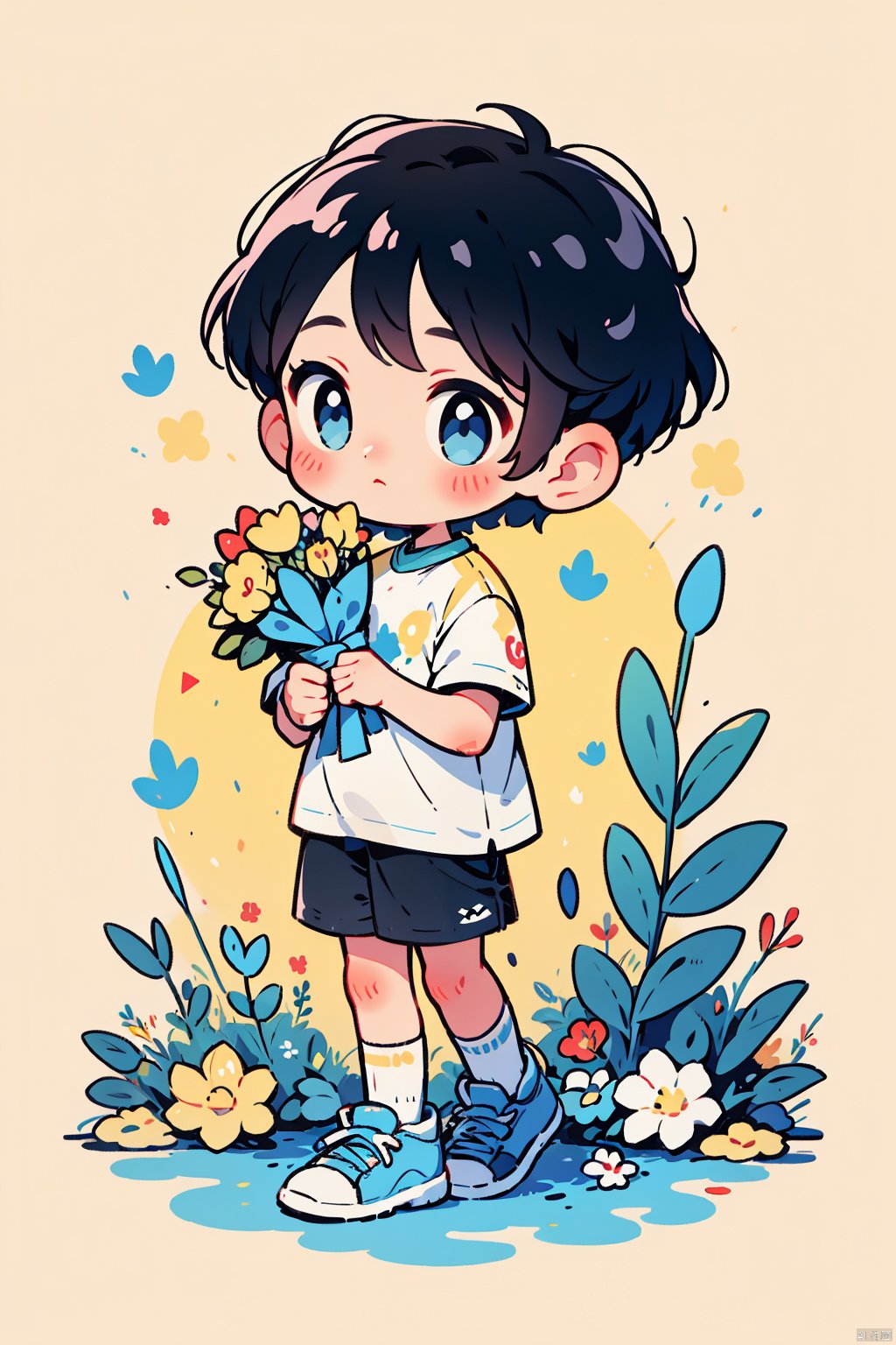  solo, blush, short hair, blue eyes, simple background, shirt, black hair, 1boy, holding, standing, full body, white shirt, flower, short sleeves, male focus, shoes, shorts, socks, black footwear, black shorts, white flower, red flower, sneakers, yellow background, blue shorts, blue footwear, bouquet, yellow flower, holding flower, print shirt, holding bouquet