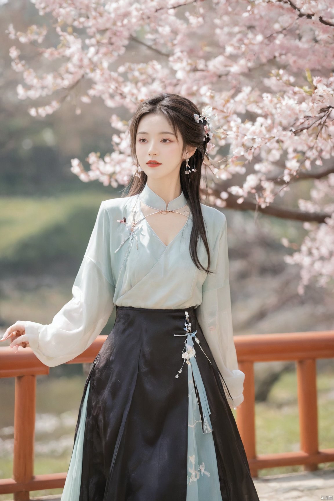  A girl,skirt,jewelry,long_hair,necklace,earrings,perfect body,standing,large breasts,looking at viewer,chinese clothes,china dress,hanfu,cherry_blossoms,in spring,sunny,sunny,wind,cloud,bright,
, ming_hanfu, daxiushan, New Chinese_Hanfu