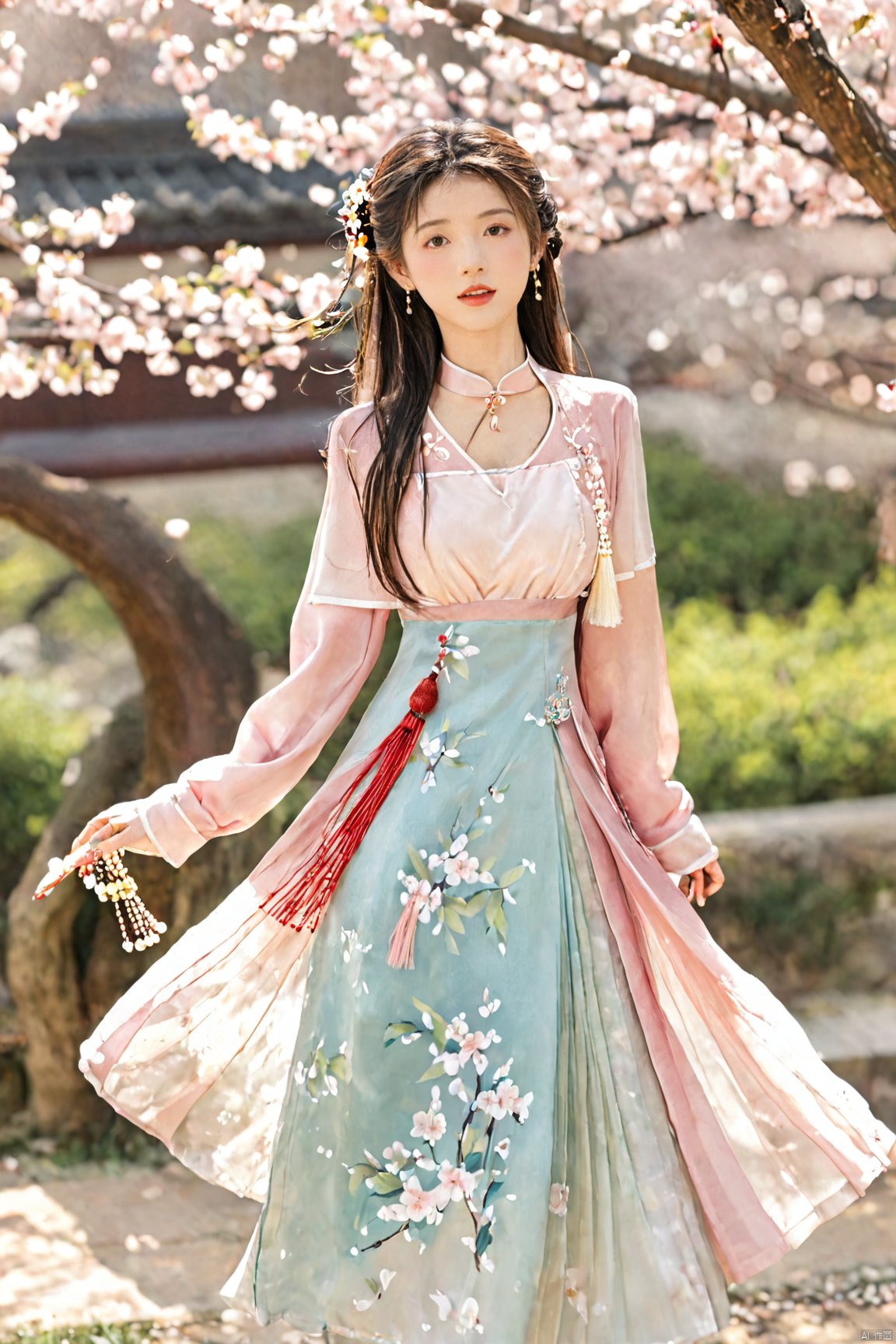  A girl,skirt,jewelry,long_hair,necklace,earrings,perfect body,standing,large breasts,looking at viewer,chinese clothes,china dress,hanfu,cherry_blossoms,in spring,sunny,sunny,wind,cloud,bright,
, ming_hanfu, daxiushan, New Chinese_Hanfu