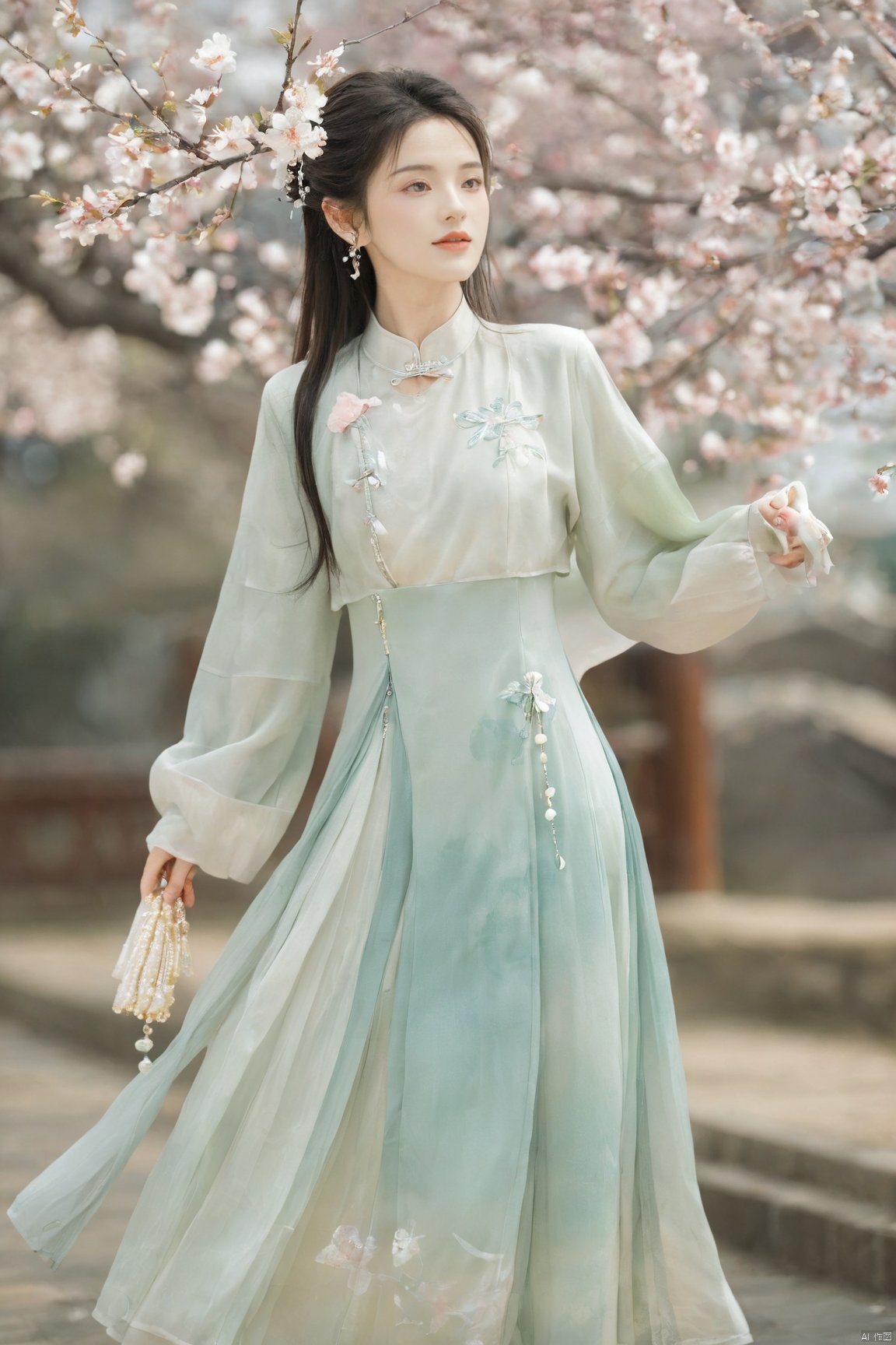  A girl,skirt,jewelry,long_hair,necklace,earrings,perfect body,standing,large breasts,looking at viewer,chinese clothes,china dress,hanfu,cherry_blossoms,in spring,sunny,sunny,wind,cloud,bright,
, ming_hanfu, daxiushan, New Chinese_Hanfu