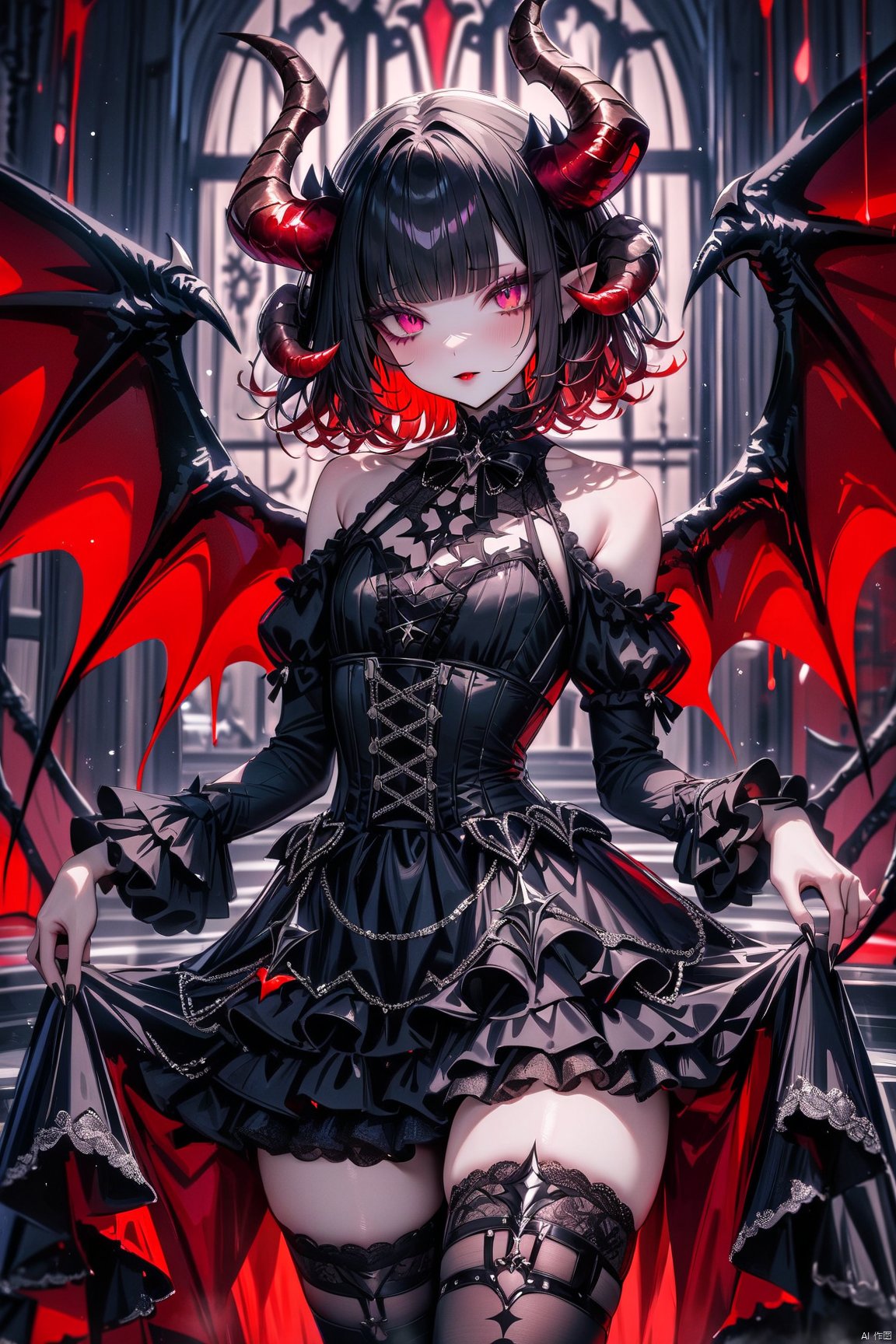  masterpiece, best quality, 1girl, wings, horns, thighhighs, solo, dress, demon wings, black thighhighs, shoulder cutout, looking at viewer, short hair, bangs, black nails, bare shoulders, blunt bangs, black dress, demon girl, long sleeves, demon horns, skirt hold, frills, puffy sleeves, clothing cutout