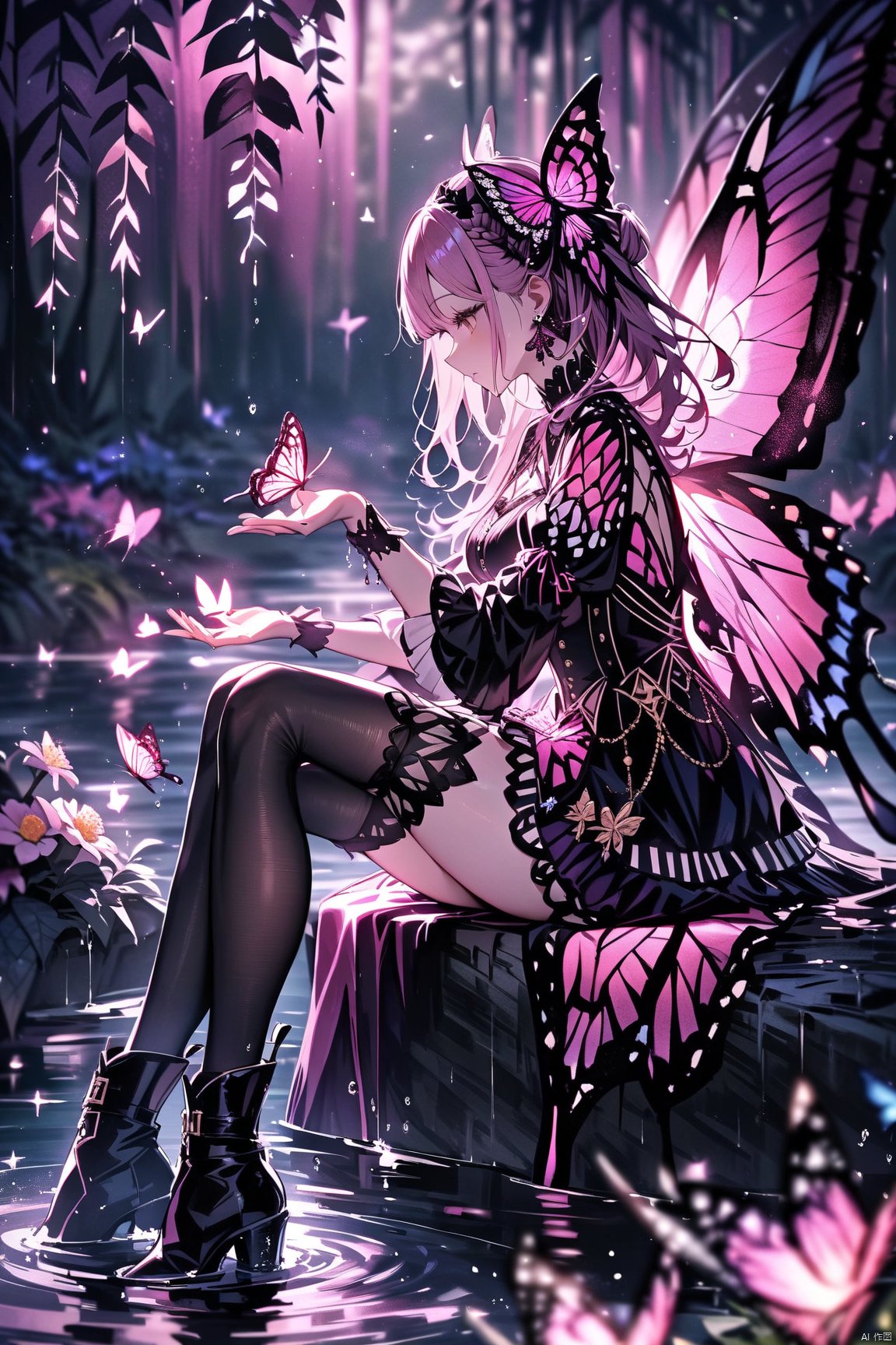  masterpiece, best quality, 1girl, solo, butterfly wings, wings, sitting, bug, butterfly, thighhighs, jewelry, hair ornament, dress, earrings, butterfly hair ornament, water, boots, braid, long hair, pink wings, profile, flower, soaking feet, from side