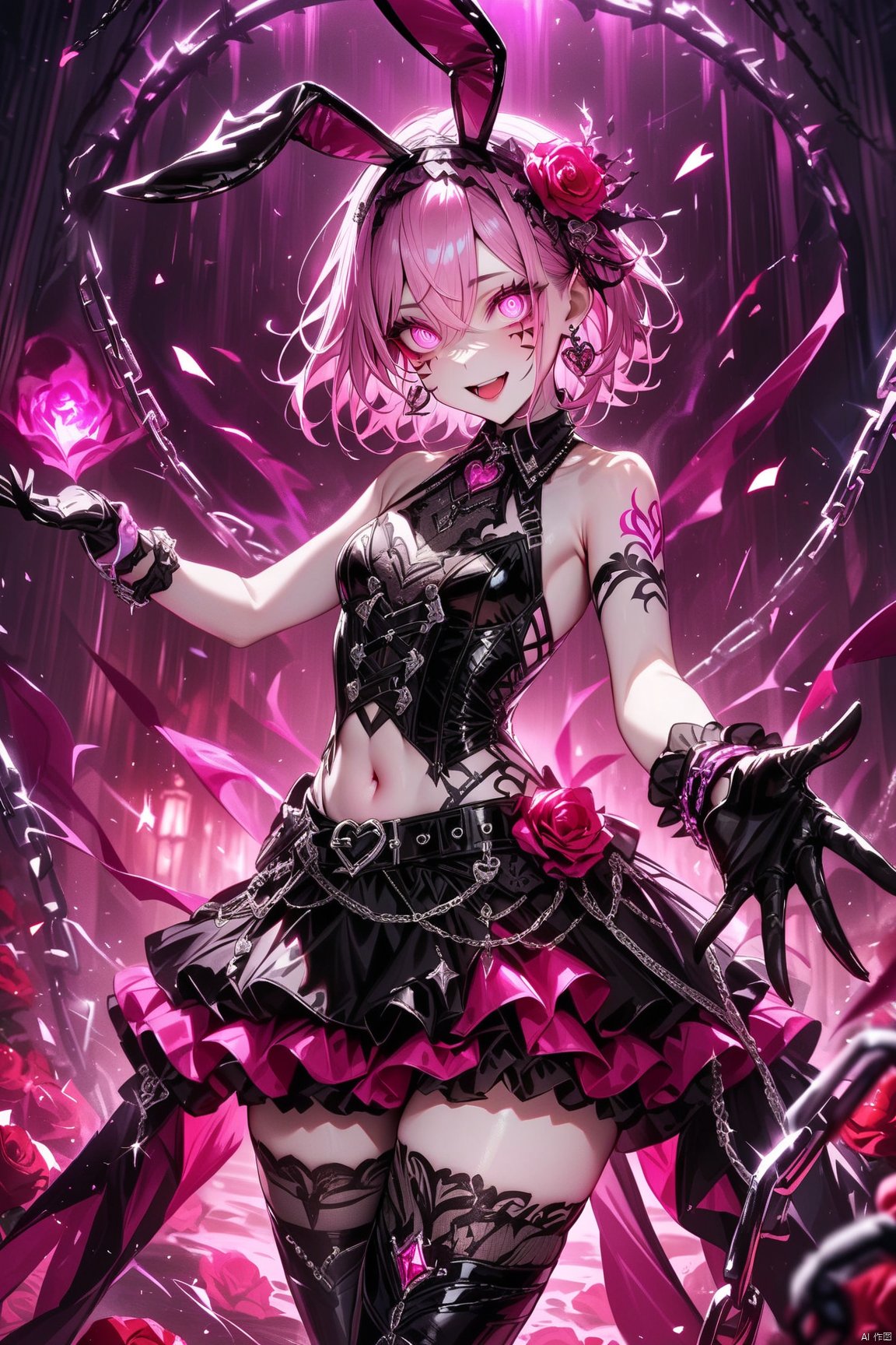  masterpiece, best quality, 1girl, solo, navel, skirt, jewelry, gloves, thighhighs, black gloves, smile, open mouth, looking at viewer, short hair, flower, hair flower, earrings, animal ears, hair ornament, rabbit ears, hair between eyes, pink hair, layered skirt, breasts, bracelet, pink eyes, hairband, frills, black thighhighs, glowing, small breasts, tattoo, black skirt, belt, rose, sleeveless, fake animal ears, :d, bare shoulders, cowboy shot, frilled skirt, facial tattoo, facial mark, chain, bangs, glowing eyes, miniskirt, heart, outstretched hand, red flower, clothing cutout