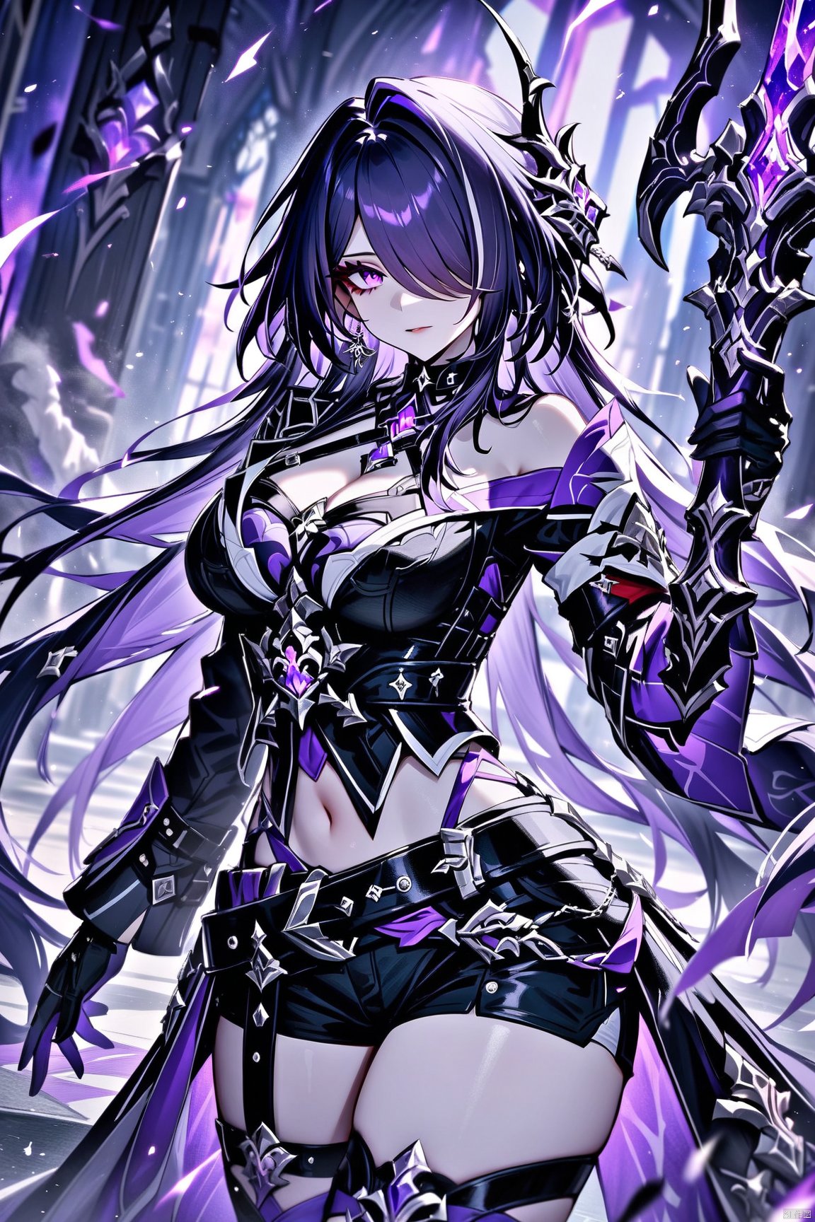  masterpiece, best quality, Acheron \(honkai: star rail\),1girl,breasts,purple hair,solo,long hair,shorts,purple eyes,large breasts,navel,short shorts,looking at viewer,black shorts,gloves,choker,black choker,cleavage,midriff,thighs,single bare shoulder,sword,stomach,weapon,crop top,very long hair,black gloves,cowboy shot,coat,hair over one eye,standing,
portrait,upper_body,highres,