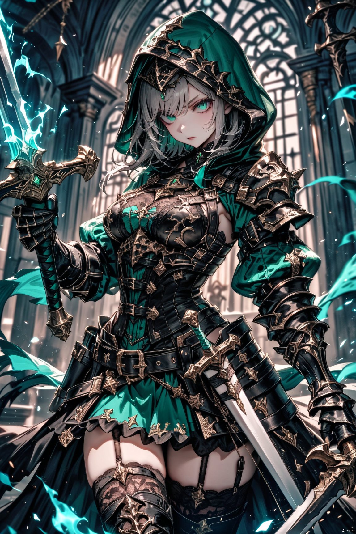  masterpiece, best quality, 1girl, solo, thighhighs, weapon, hood, looking at viewer, holding, holding weapon, green eyes, sword, belt, breasts, garter straps, gauntlets, black thighhighs, dress, grey hair, holding sword, gloves, hood up, medium breasts, armor, aqua eyes, cowboy shot