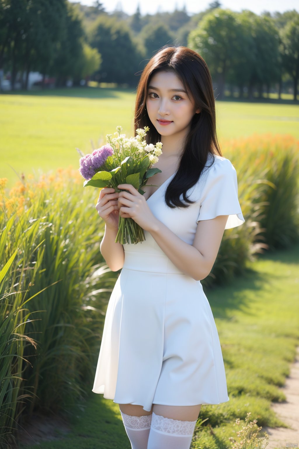  1girl,solo,smile,wearing a JK and holding a bouquet of vivid wildflowers,standing in a field of tall grass with a soft breeze blowing through. The scene should capture the whimsical and carefree style of Sakimichan,with a sense of peace and tranquility in the air
best quality,masterpiece,cute:1.2, FUJI, mLD, hy, white thighhighs,The background should be clear, nicehand