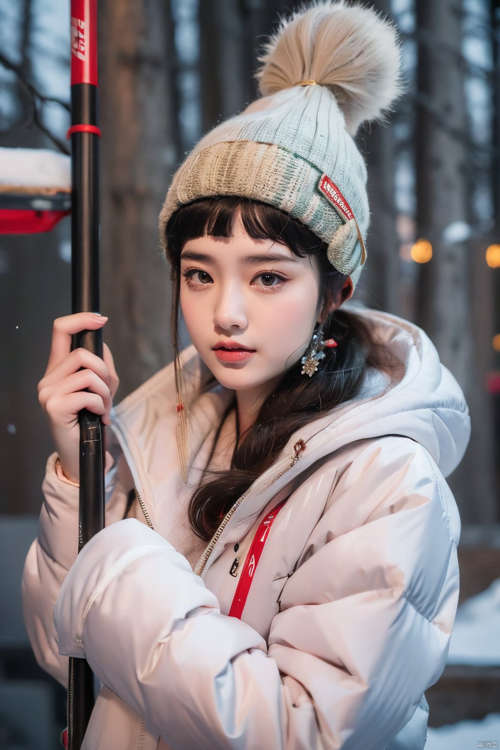  Ski bunny, Half body, Snow-covered mountain, Knitted beanie, rosy cheeks, Puffy jacket, Ski poles, Outdoor adventurer, Ski lift, Pine trees, Glistening snow, Winter wonderland., hongxiu