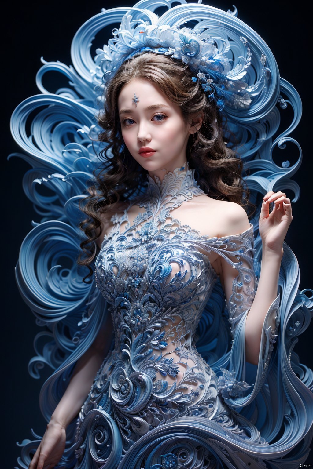 (masterpiece),((best quality)),(Ultra Detailed),(Perfect body))),1 girl,(china dress:1.3),long hair,Bare shoulders,Little Smile,Perfect hands,Rich details,Perfect image quality,wide shot,black background,
, tianqing, cute girl,huge dress