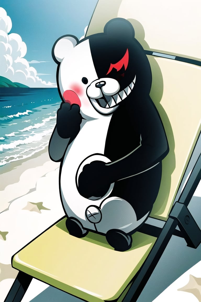 (masterpiece:1.3),best quality, (best quality, best quality: 1.3), (sharp quality),solo,(Short legs),( short hands),((monokuma)),Tropical juice, beach resort,drinking juice,(No finger), Beach chair,deformed,monokuma.blue sky