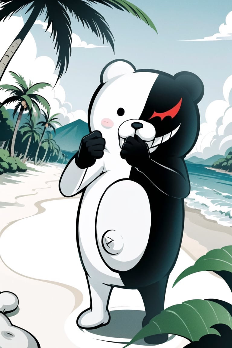 (masterpiece:1.3),best quality, (best quality, best quality: 1.3), (sharp quality),solo,(Short legs),( short hands),((monokuma)),Round hand,Tropical juice, beach resort,,Round leg,drinking juice,monokuma