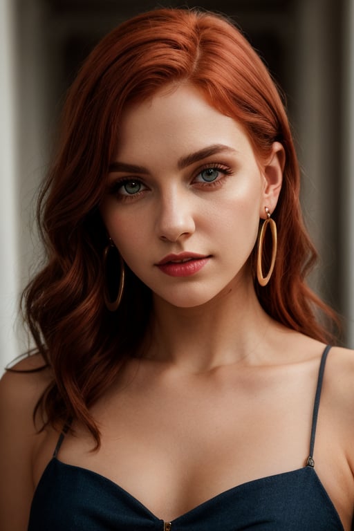 redhair woman, portrait, full body, cute, realistic eyes, cross earrings, ear piercing, earrings, fashion, raw photo, 8k uhd, dslr, soft lighting, high quality, film grain