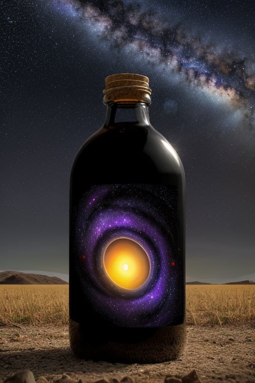 beautiful scenery nature, glass bottle landscape, (purple galaxy, stars, planets and black hole in the bottle: 1.0)