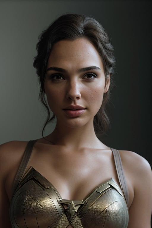 (12k, softbox lighting, color accuracy, depth control, portrait setting, skin enhancement, eye clarity, texture boost), (film grain:1.0), (analog texture:1), vintage feel (photorealistic and detailed Gal Gadot:1), real face and detailed, real and detailed hair.