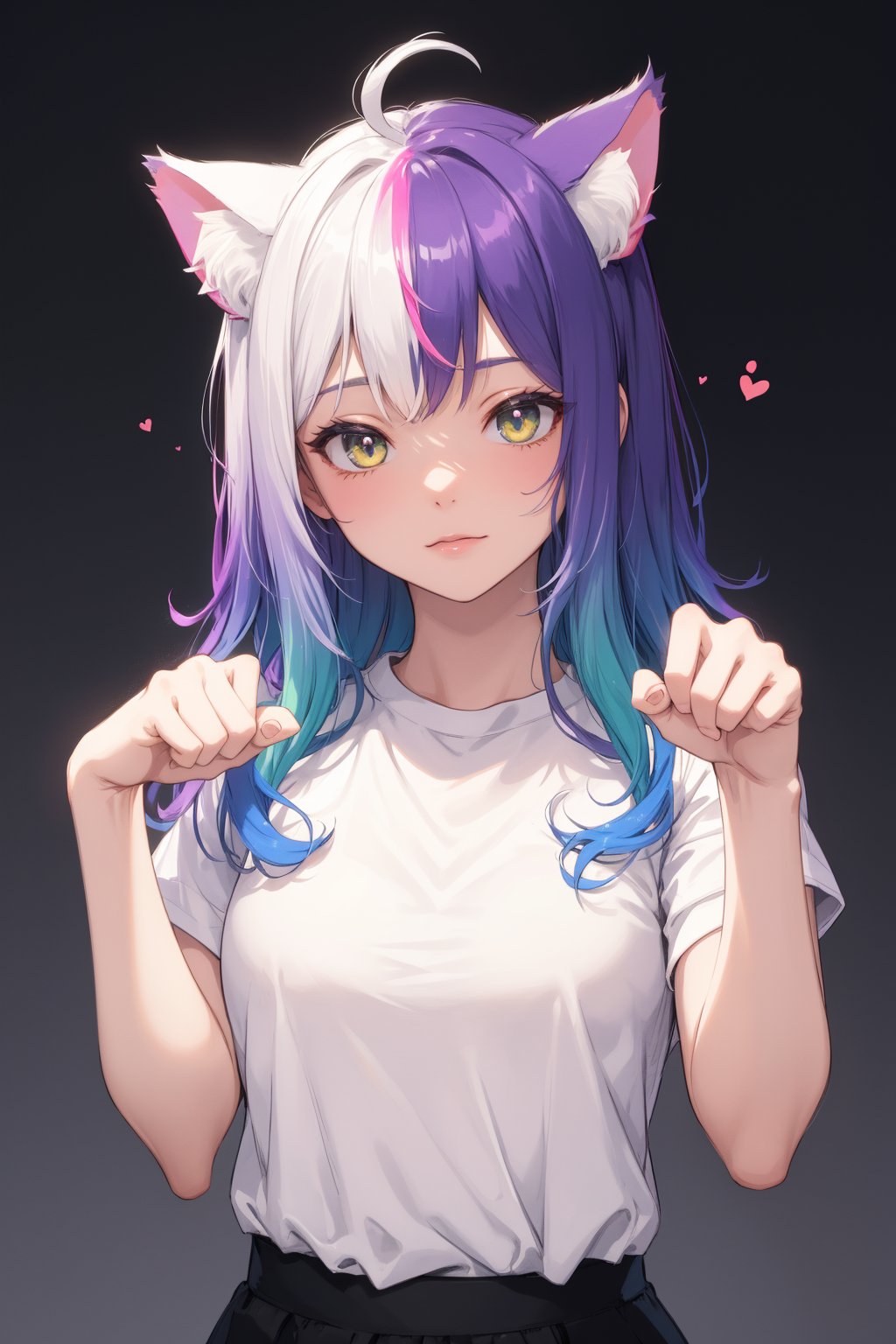 masterpiece, best quality, cat girl, cat ears, paw pose, gradient, gradient hair, rainbow gradient, rainbow hair, white shirt