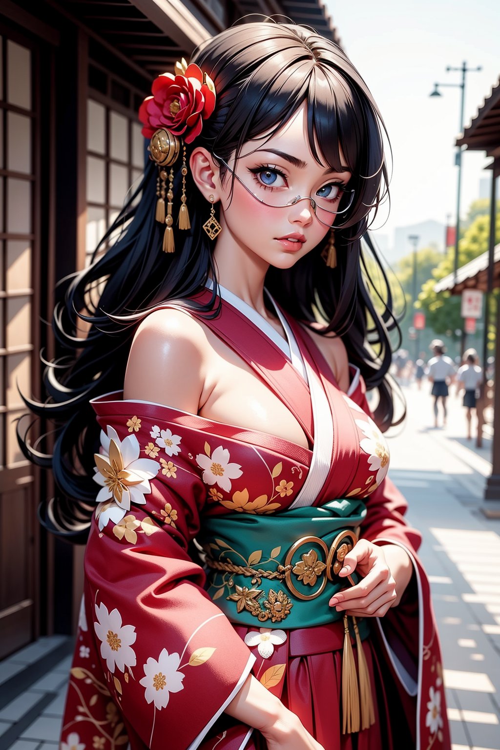 Masterpiece, best quality, 1girl, Japanese queen, hair ornaments, black hair, blunt_bangs, black eye patch, kimono, one shoulder off, looking at viewer, outdoors,